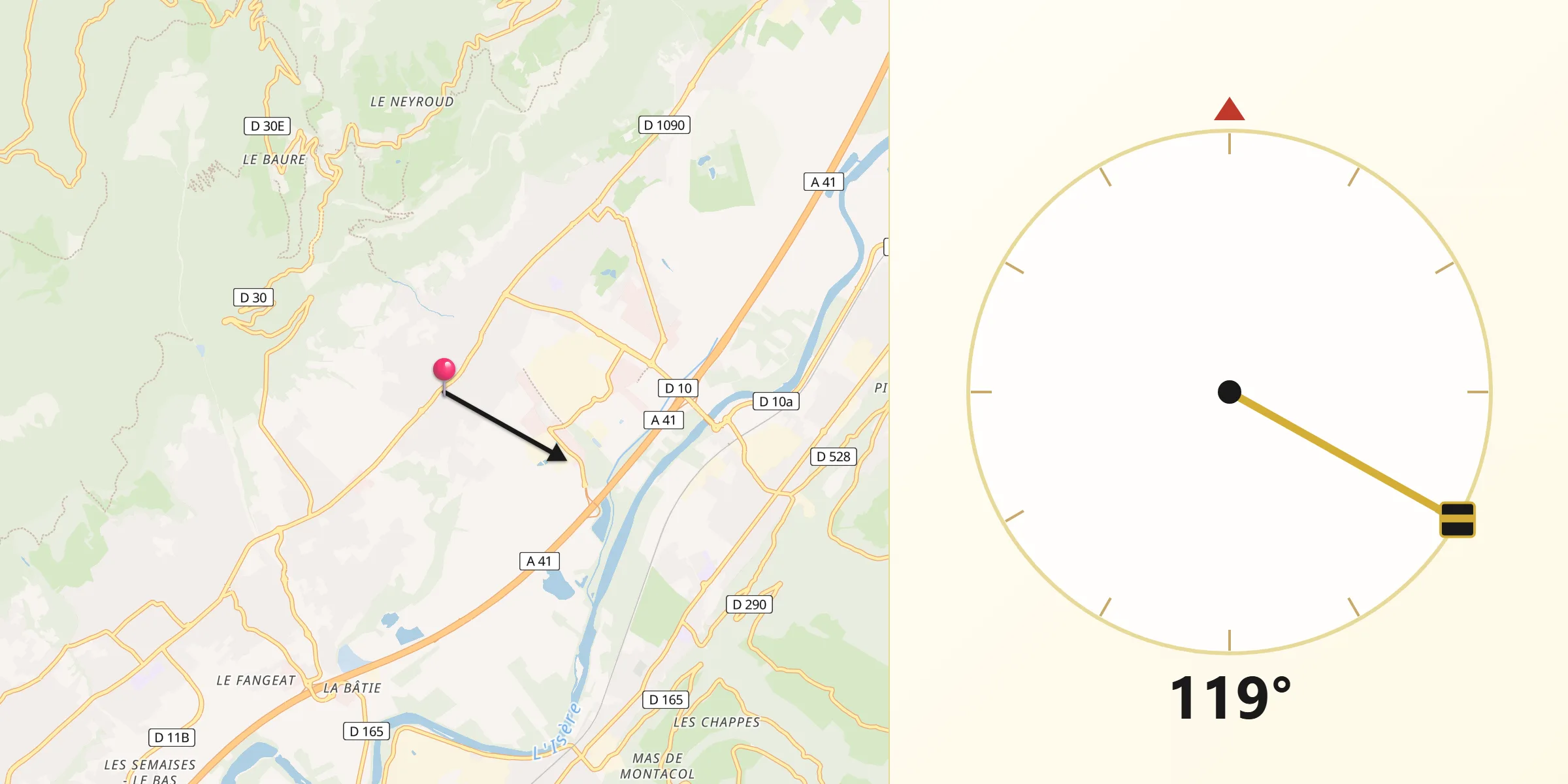 Direction vers la Qibla depuis Bernin