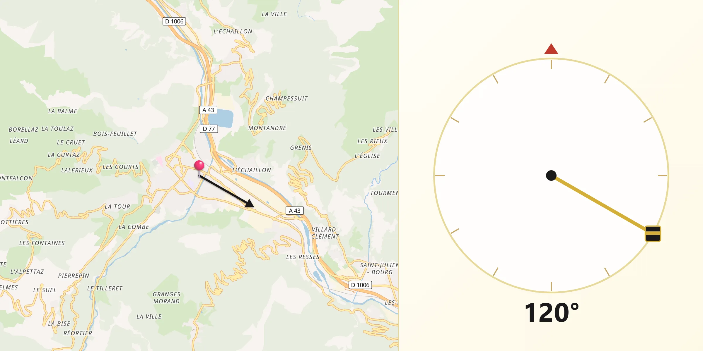 Direction vers la Qibla depuis Saint-Jean-de-Maurienne