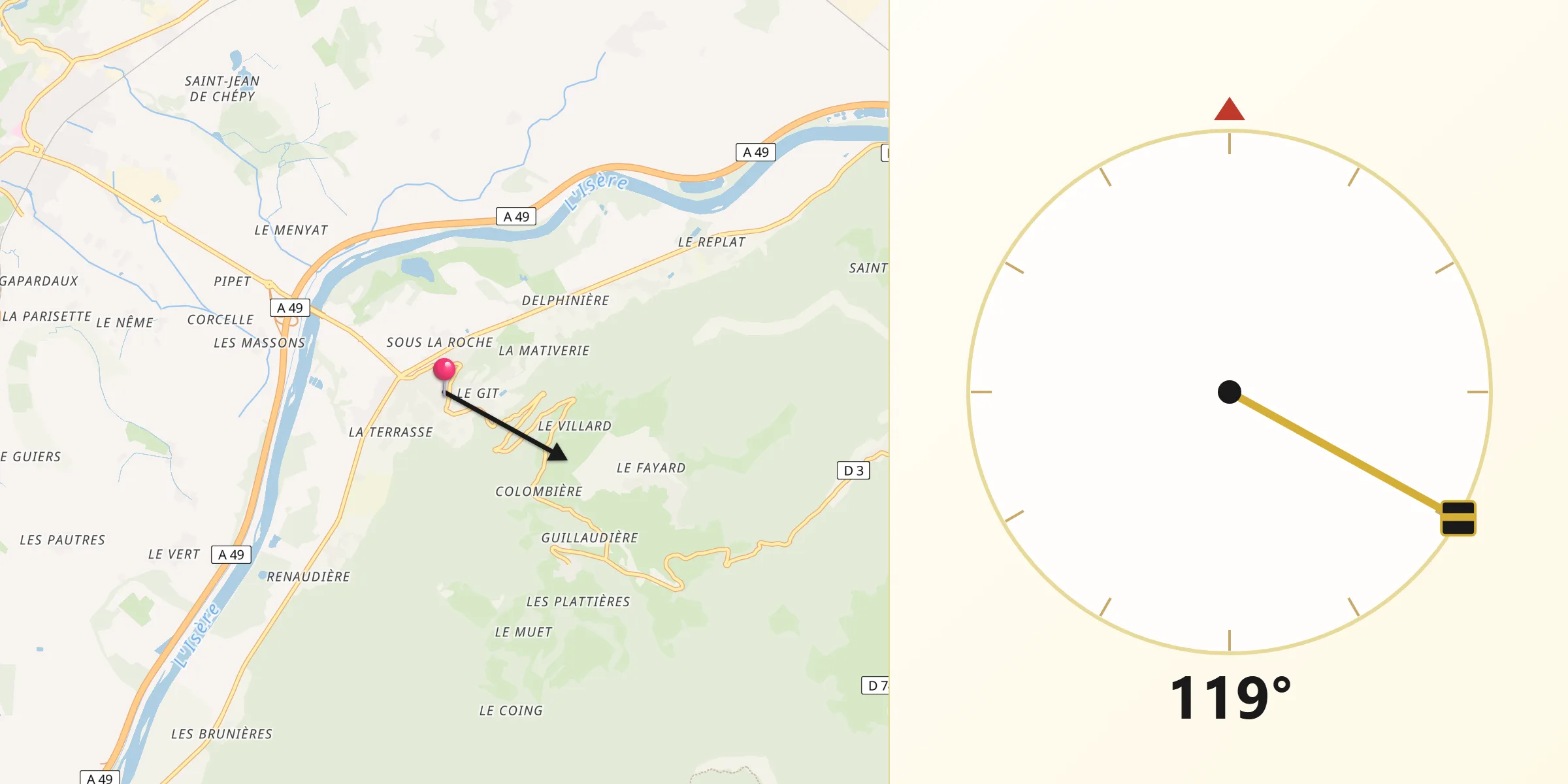 Direction vers la Qibla depuis Saint-Quentin-sur-Isère