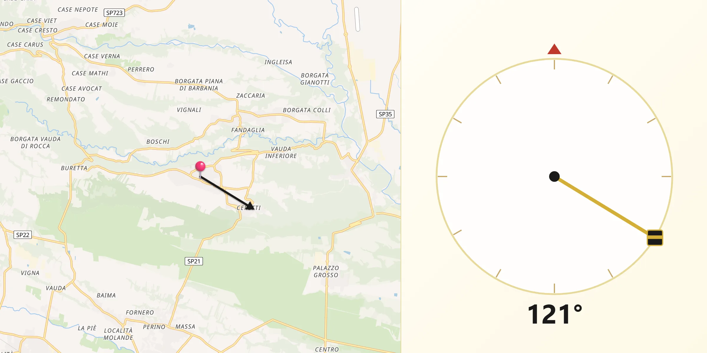 Direzione della Qibla da Vauda Canavese Superiore