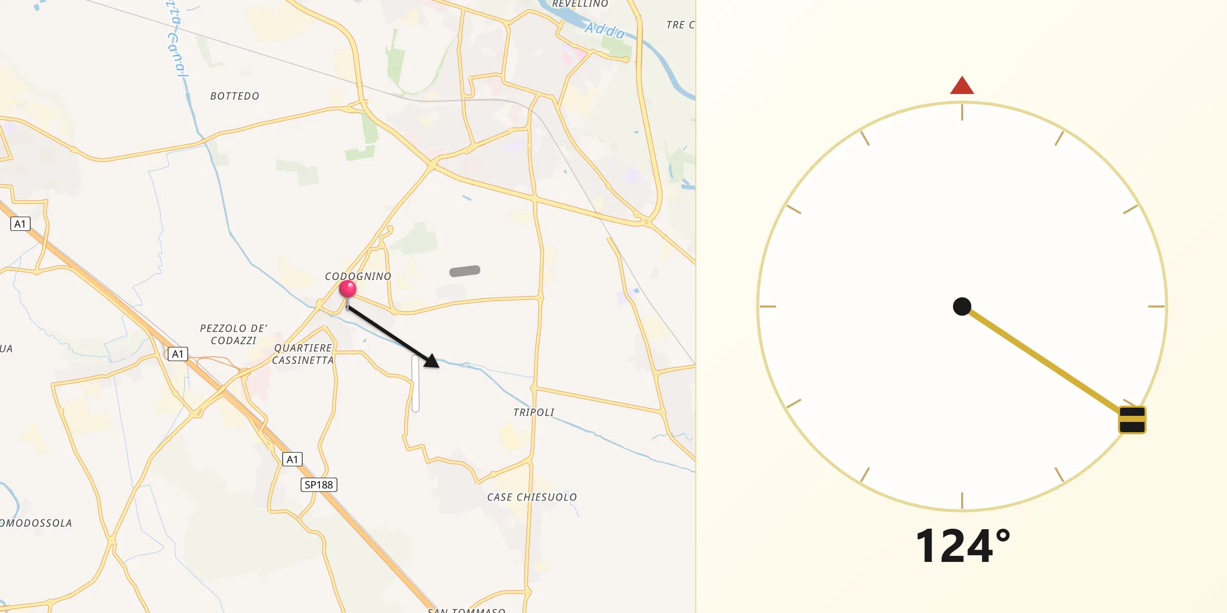 Direzione della Qibla da Muzza di Cornegliano Laudense