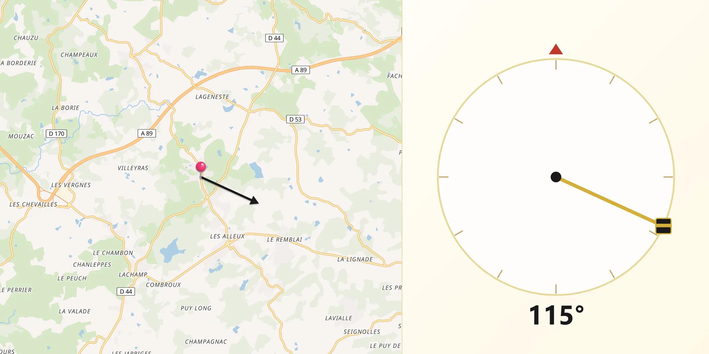 Direction vers la Qibla depuis Saint-Mexant