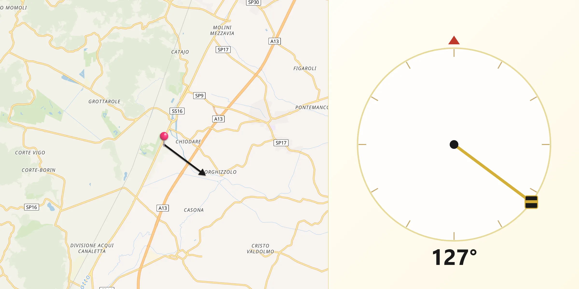 Direzione della Qibla da Battaglia Terme