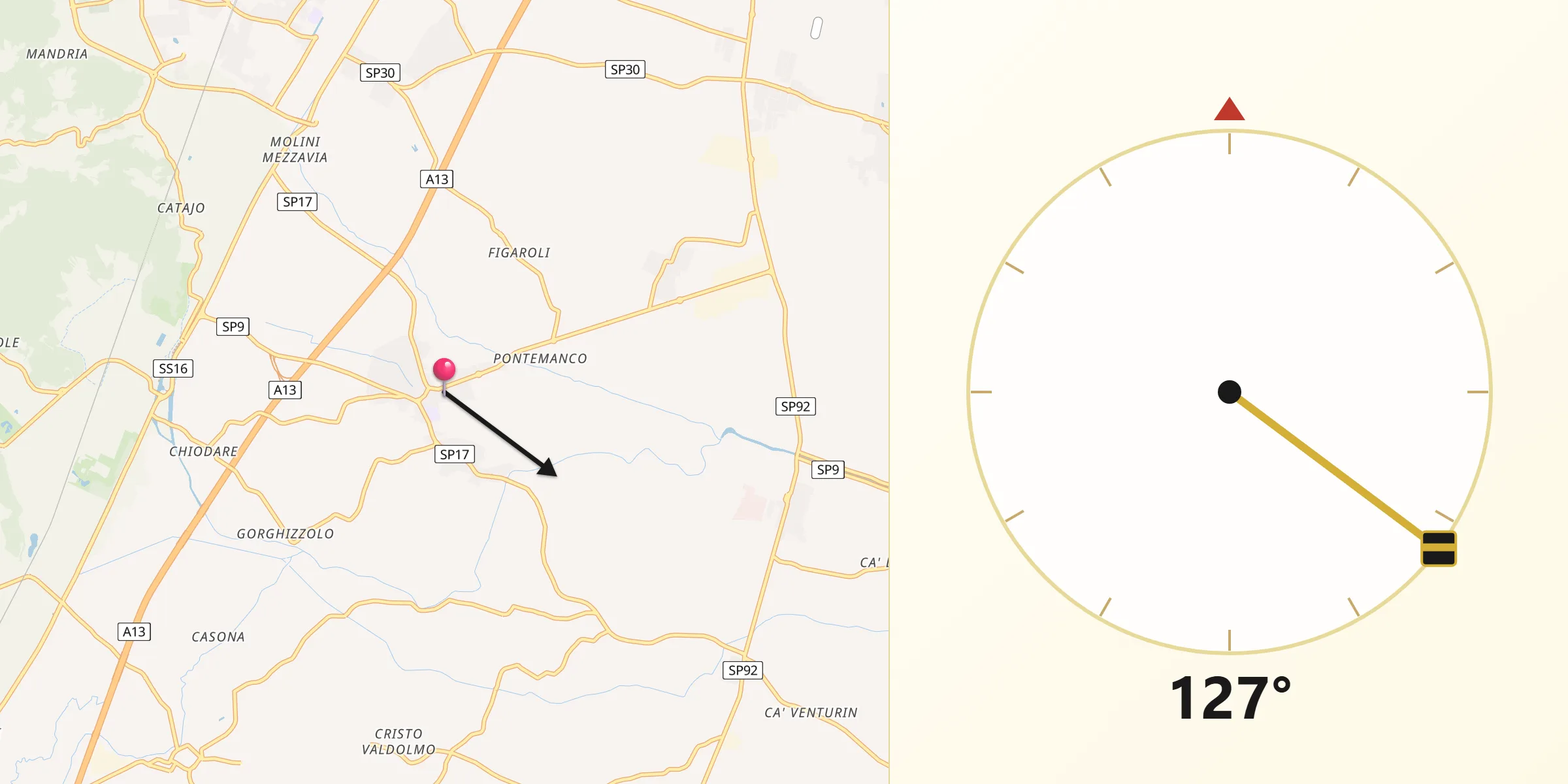Direzione della Qibla da Due Carrare