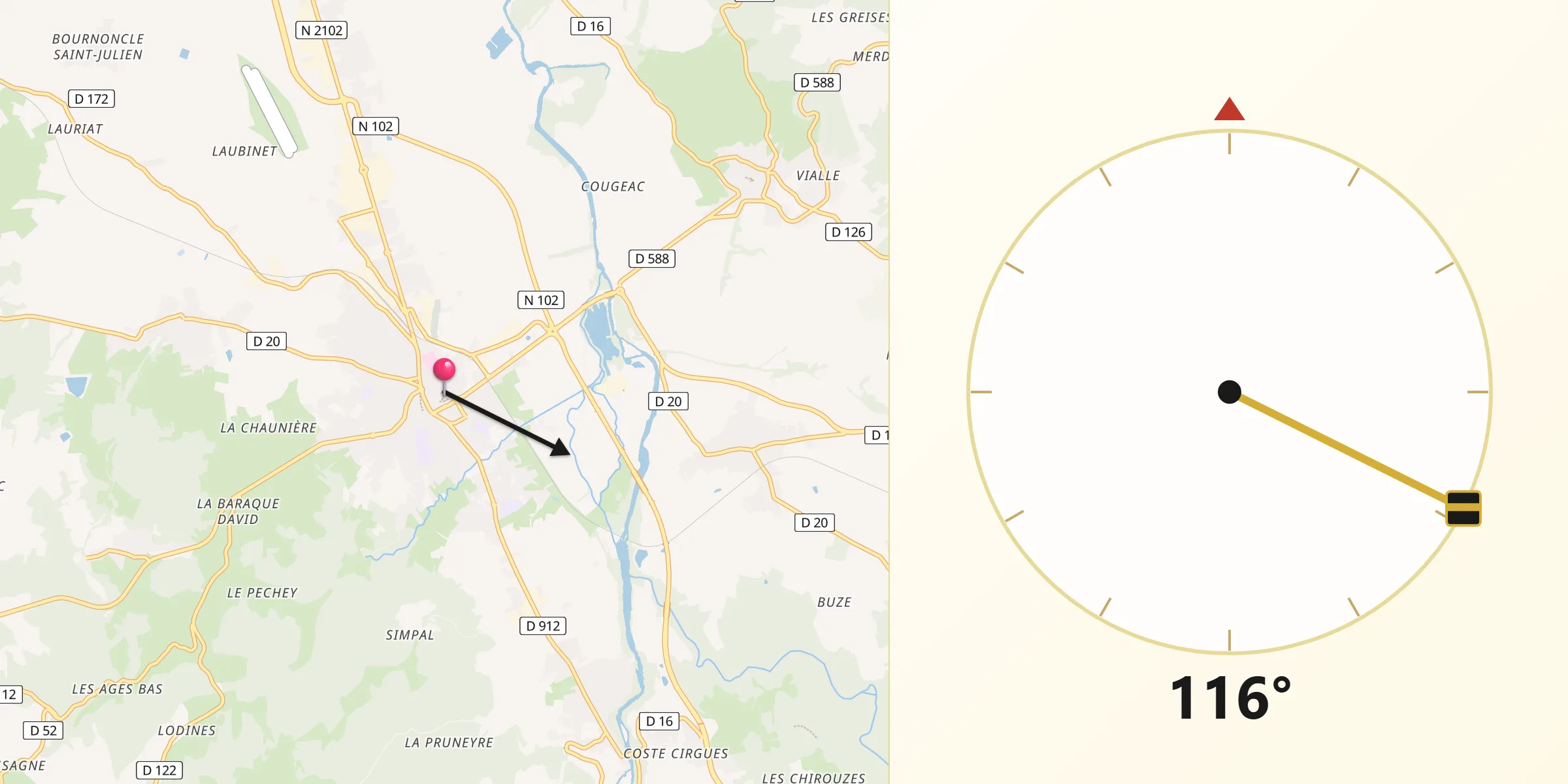 Direction vers la Qibla depuis Brioude