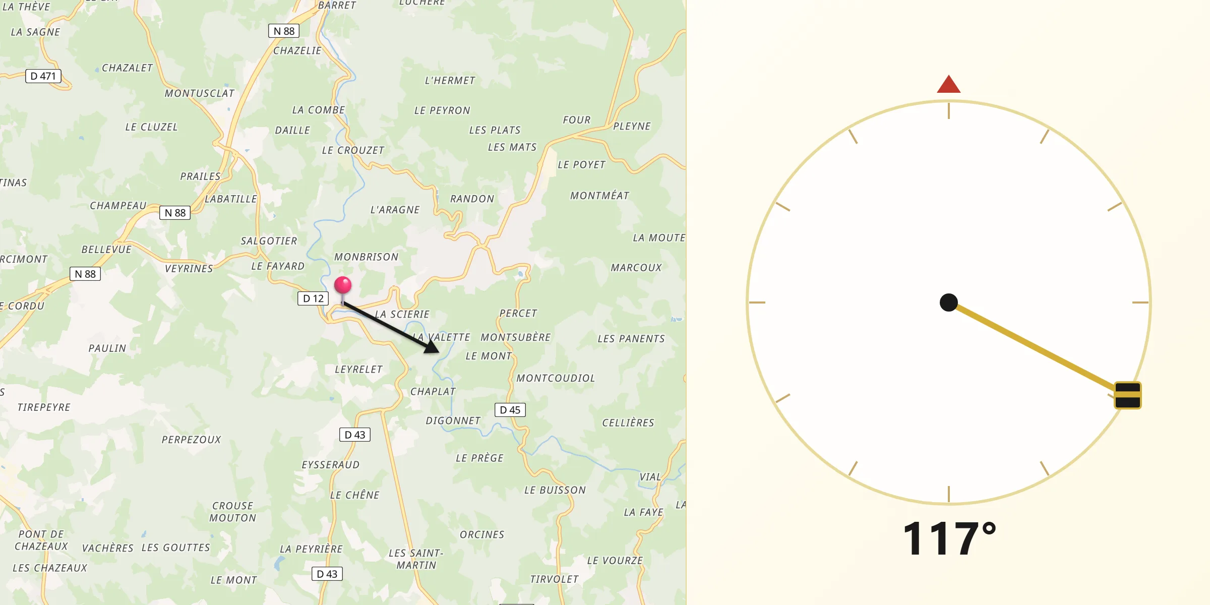 Direction vers la Qibla depuis La Séauve-sur-Semène