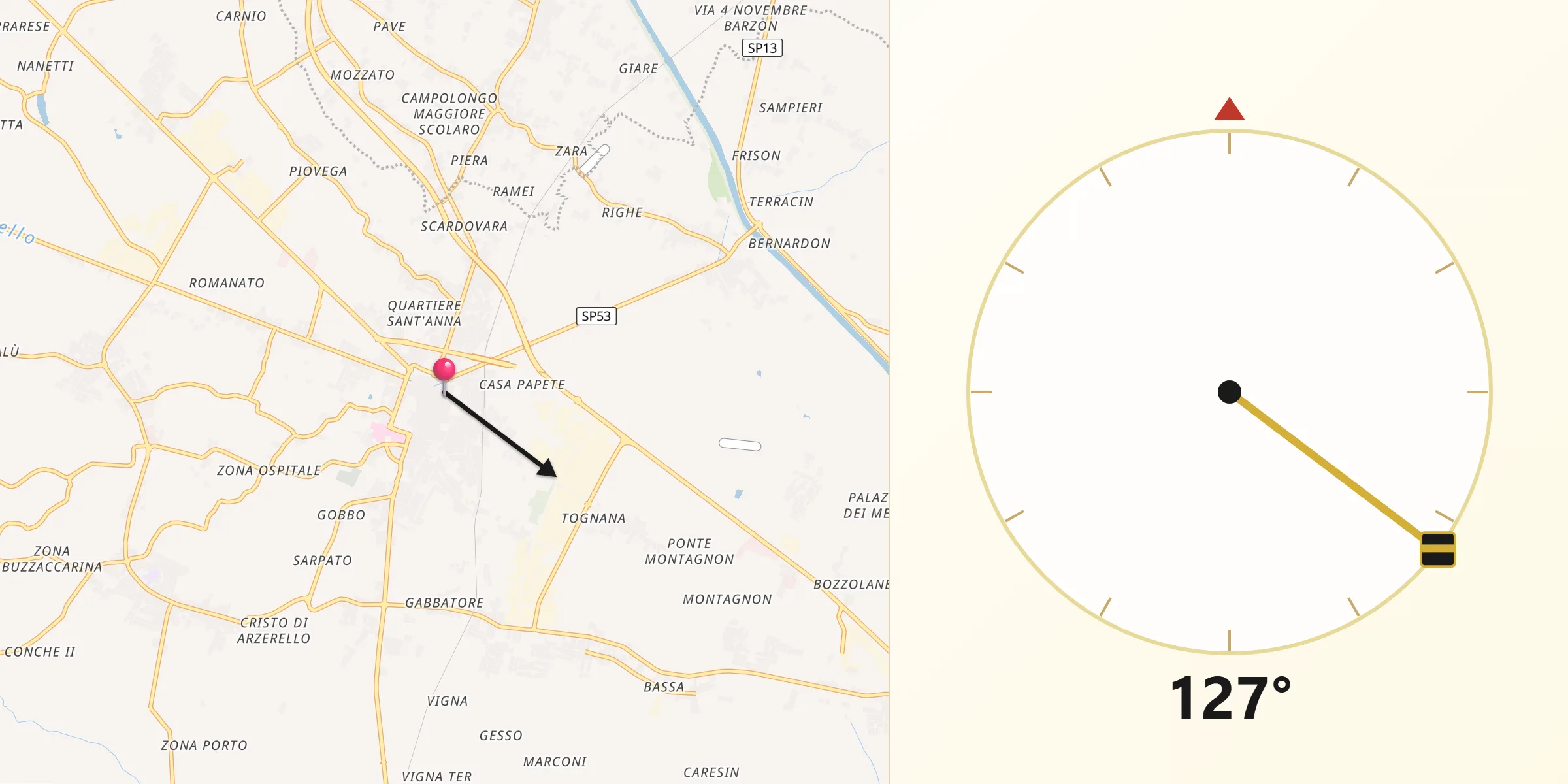 Direzione della Qibla da Piove di Sacco-Piovega