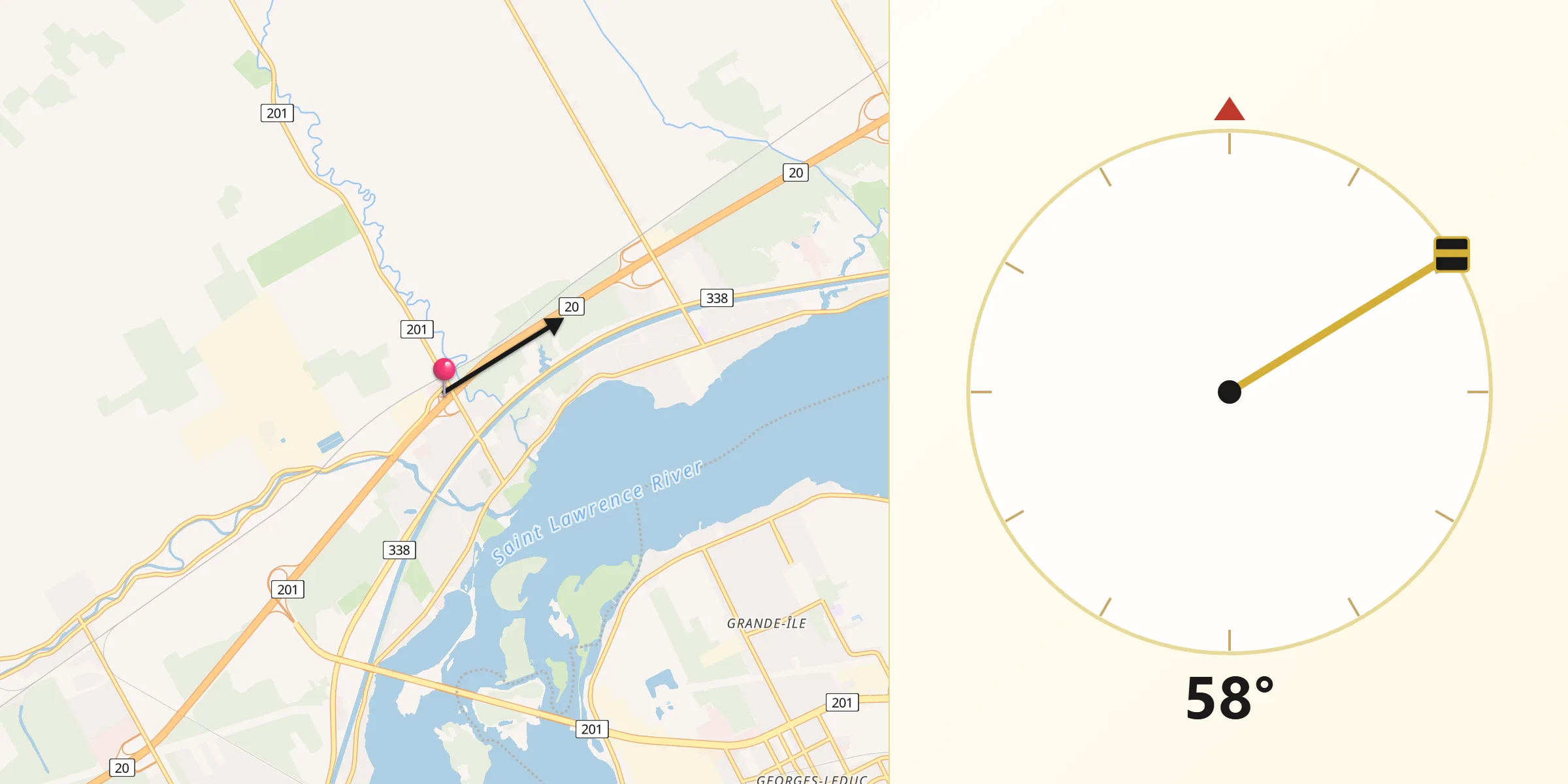 Qibla Direction from Coteau-du-Lac