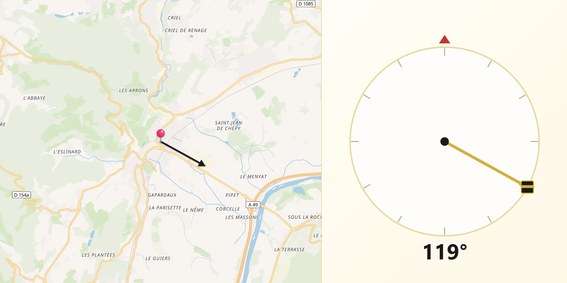 Direction vers la Qibla depuis Tullins