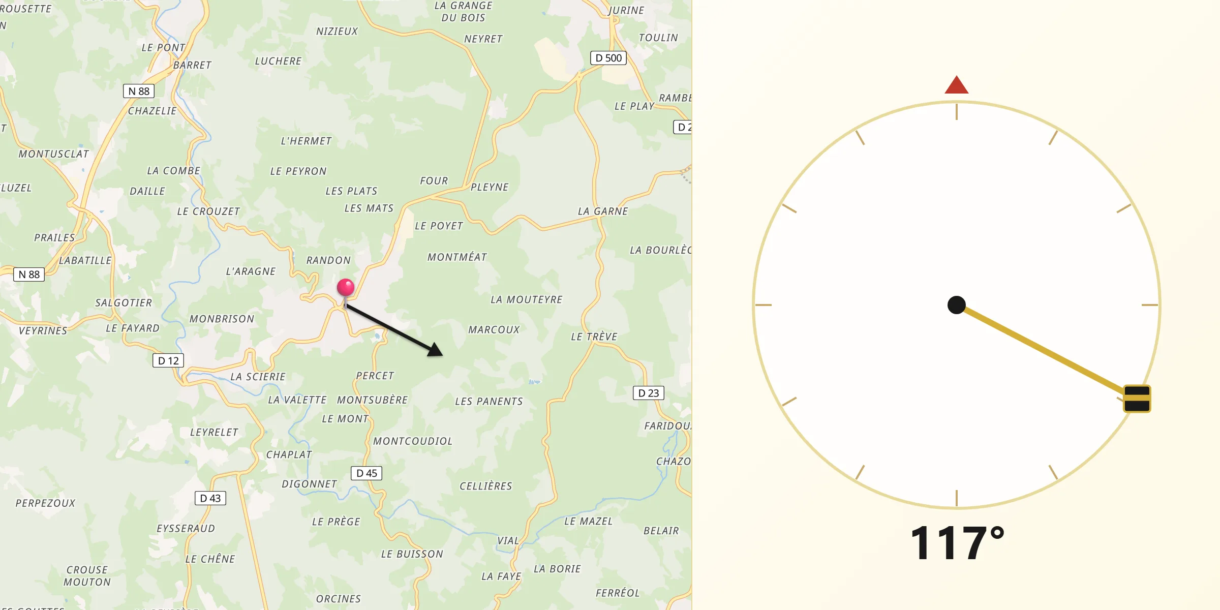 Direction vers la Qibla depuis Saint-Didier-en-Velay