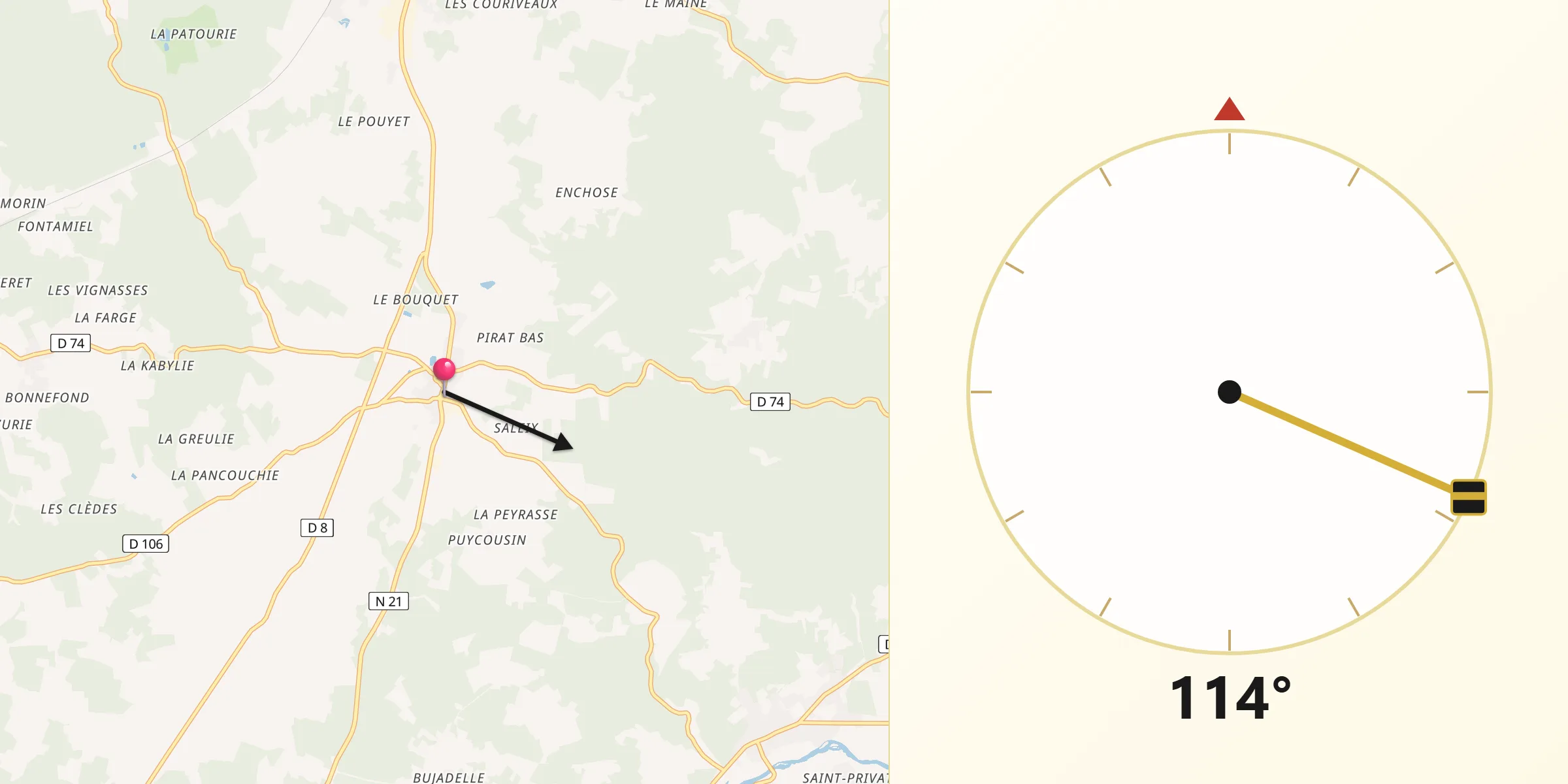 Direction vers la Qibla depuis Sorges