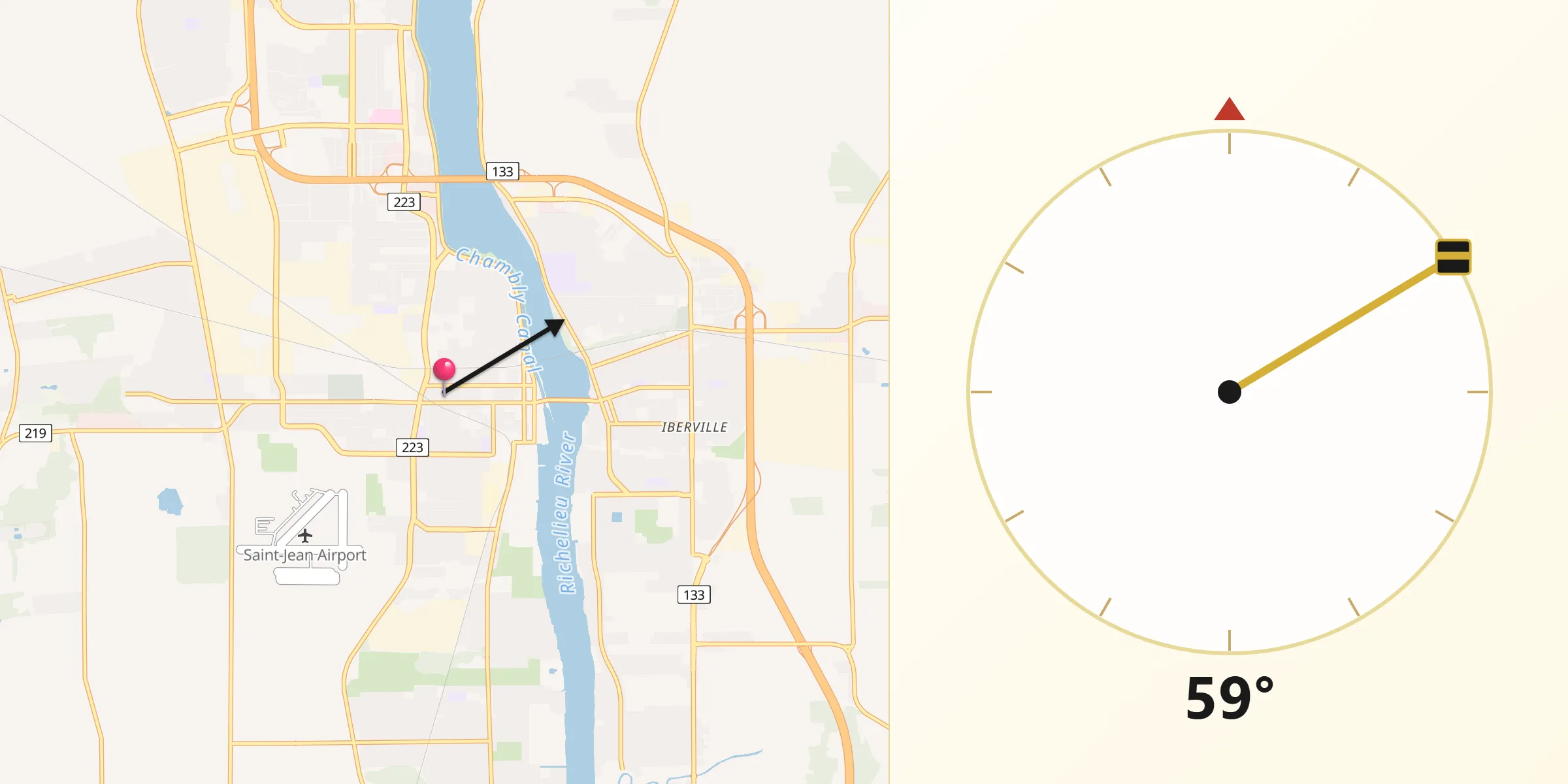 Qibla Direction from Saint-Jean-sur-Richelieu