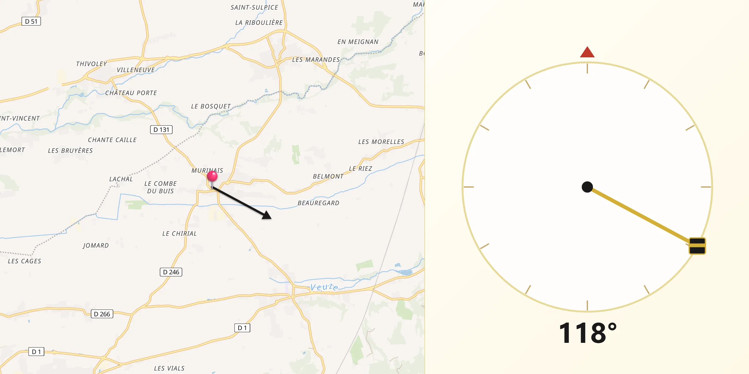 Direction vers la Qibla depuis Épinouze