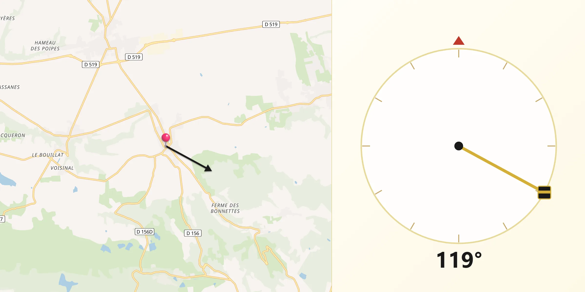 Direction vers la Qibla depuis Viriville