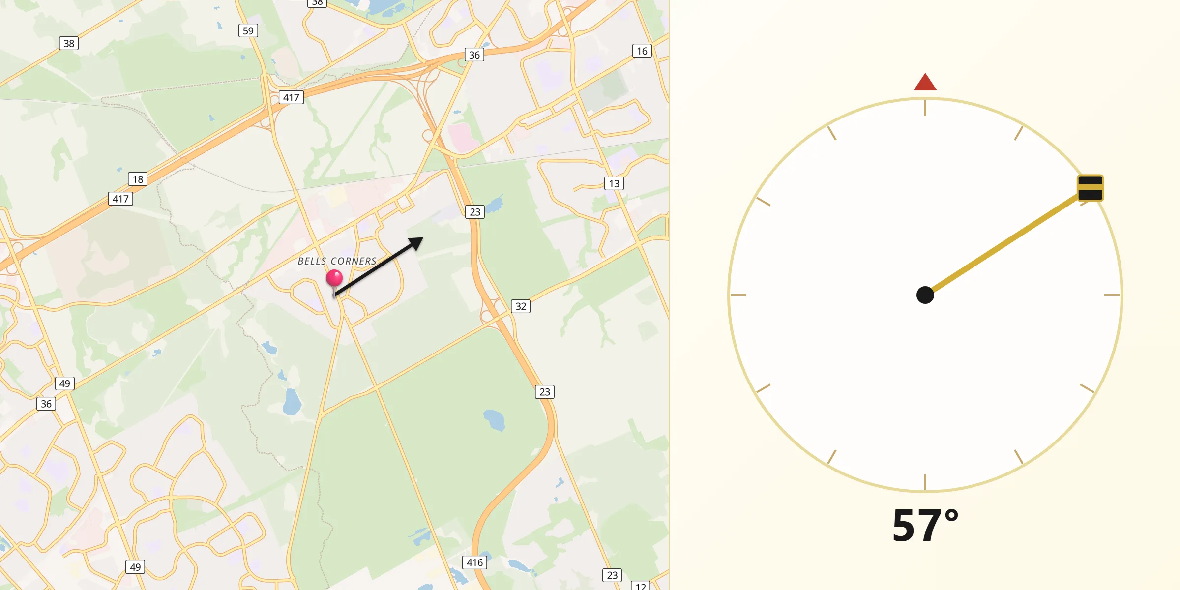 Qibla Direction from Bells Corners