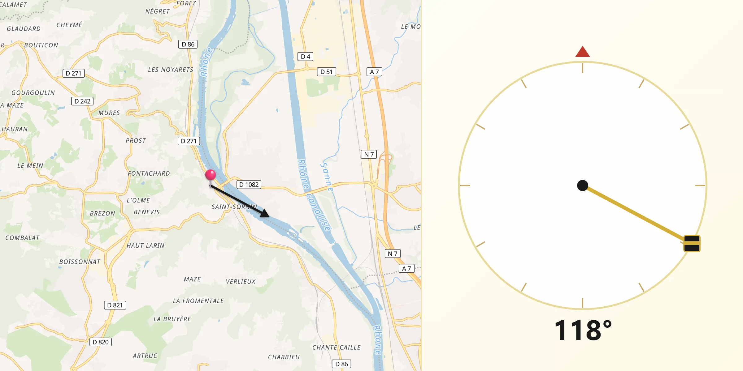 Direction vers la Qibla depuis Serrières