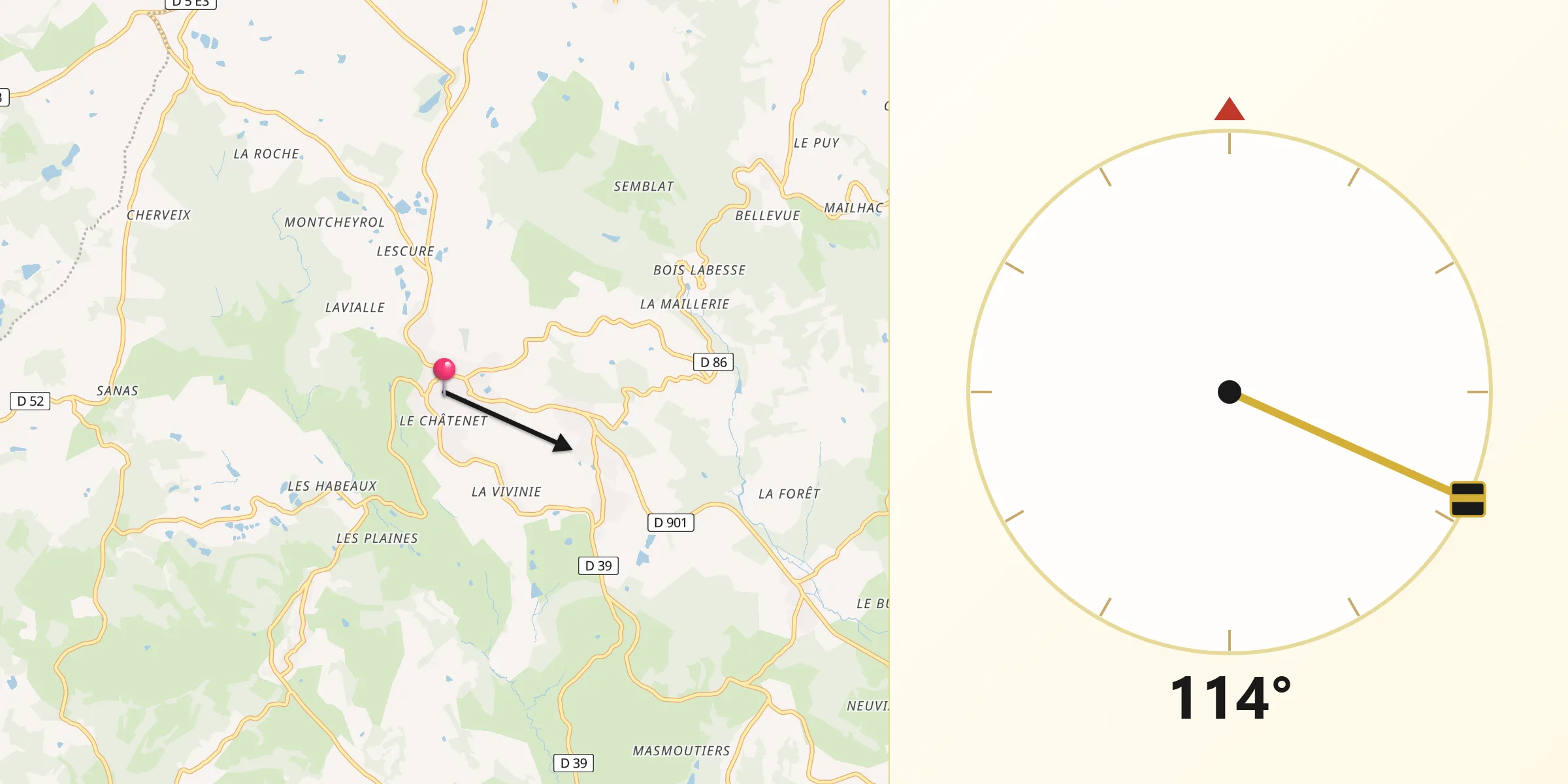 Direction vers la Qibla depuis Juillac