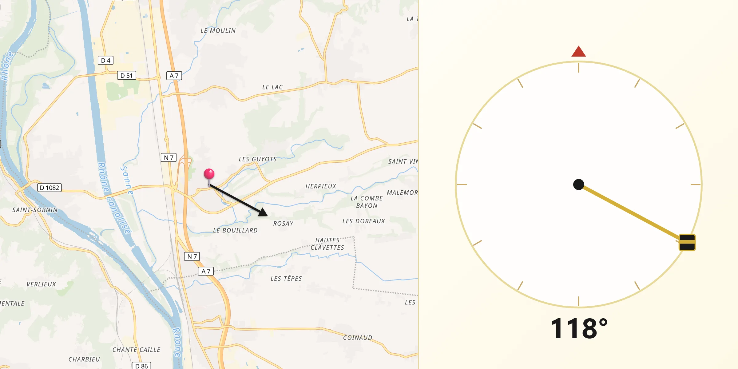 Direction vers la Qibla depuis Chanas