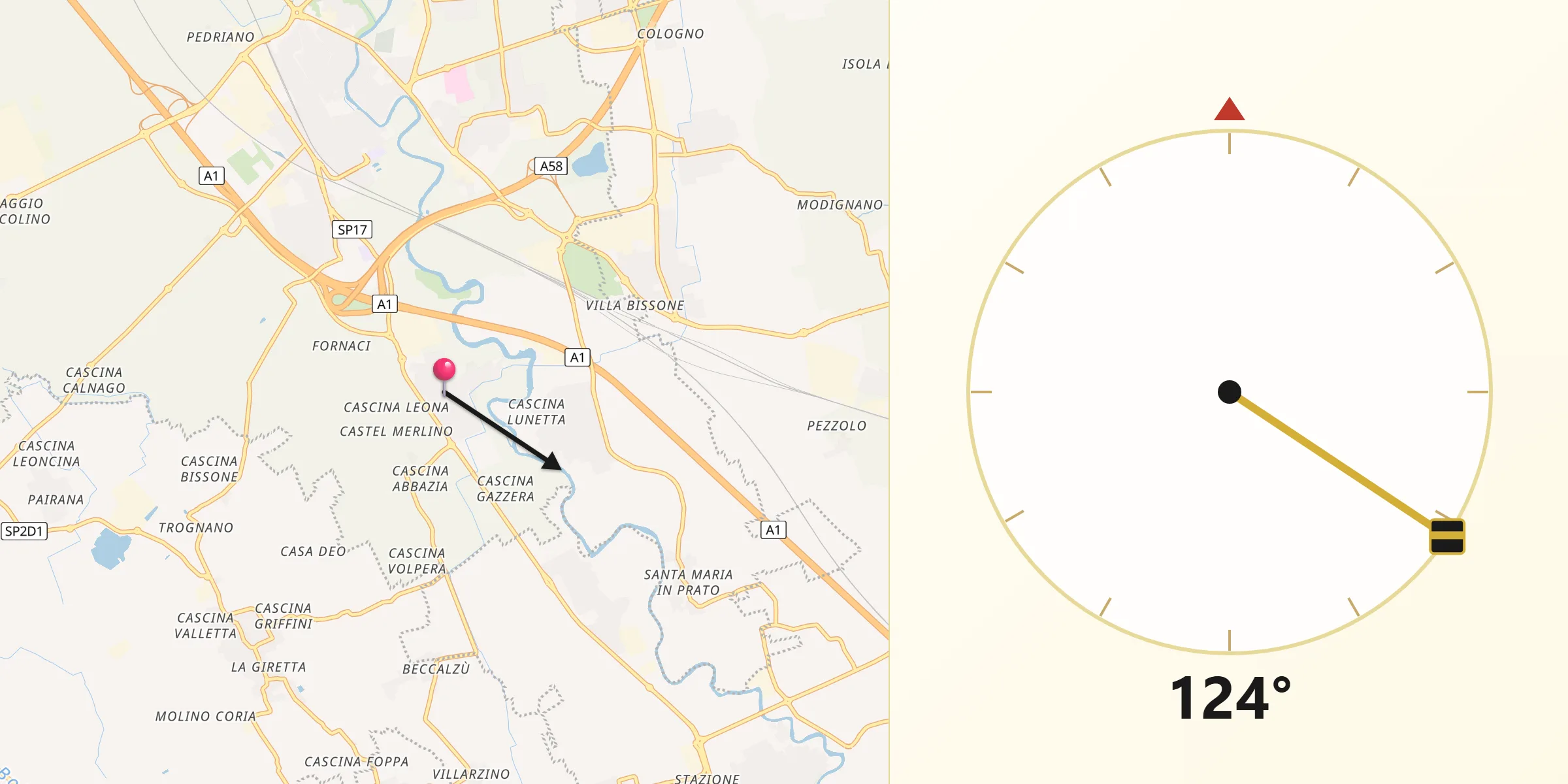 Direzione della Qibla da Cerro al Lambro