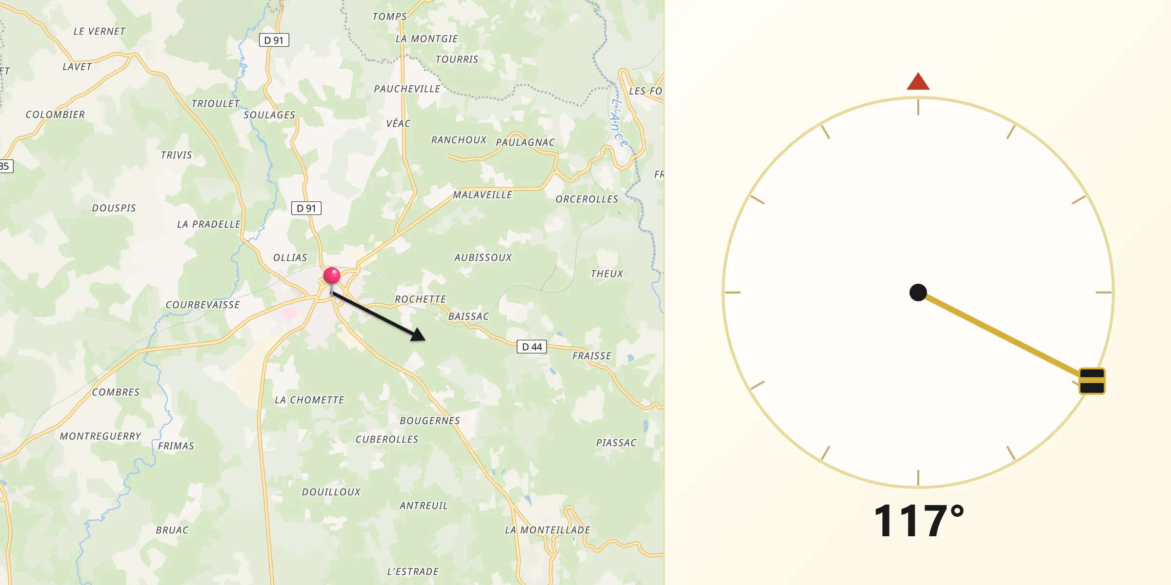Direction vers la Qibla depuis Craponne-sur-Arzon