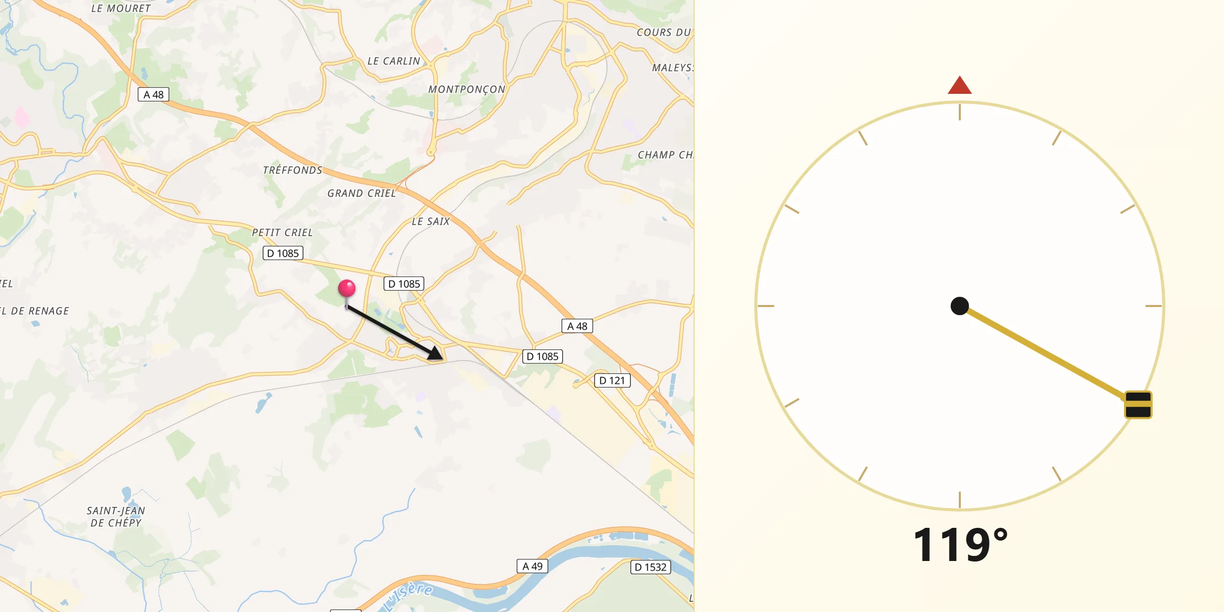 Direction vers la Qibla depuis Moirans