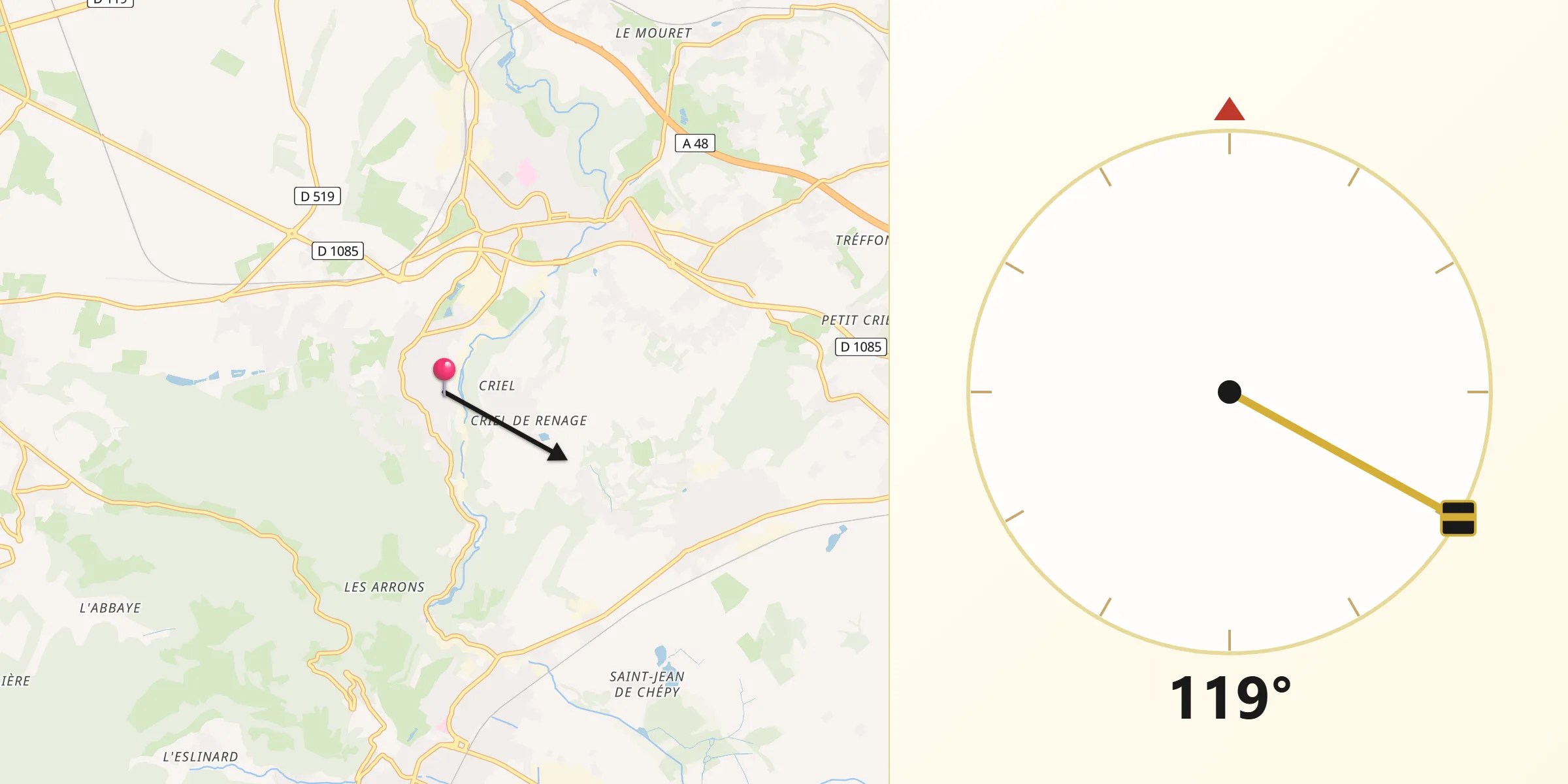 Direction vers la Qibla depuis Renage