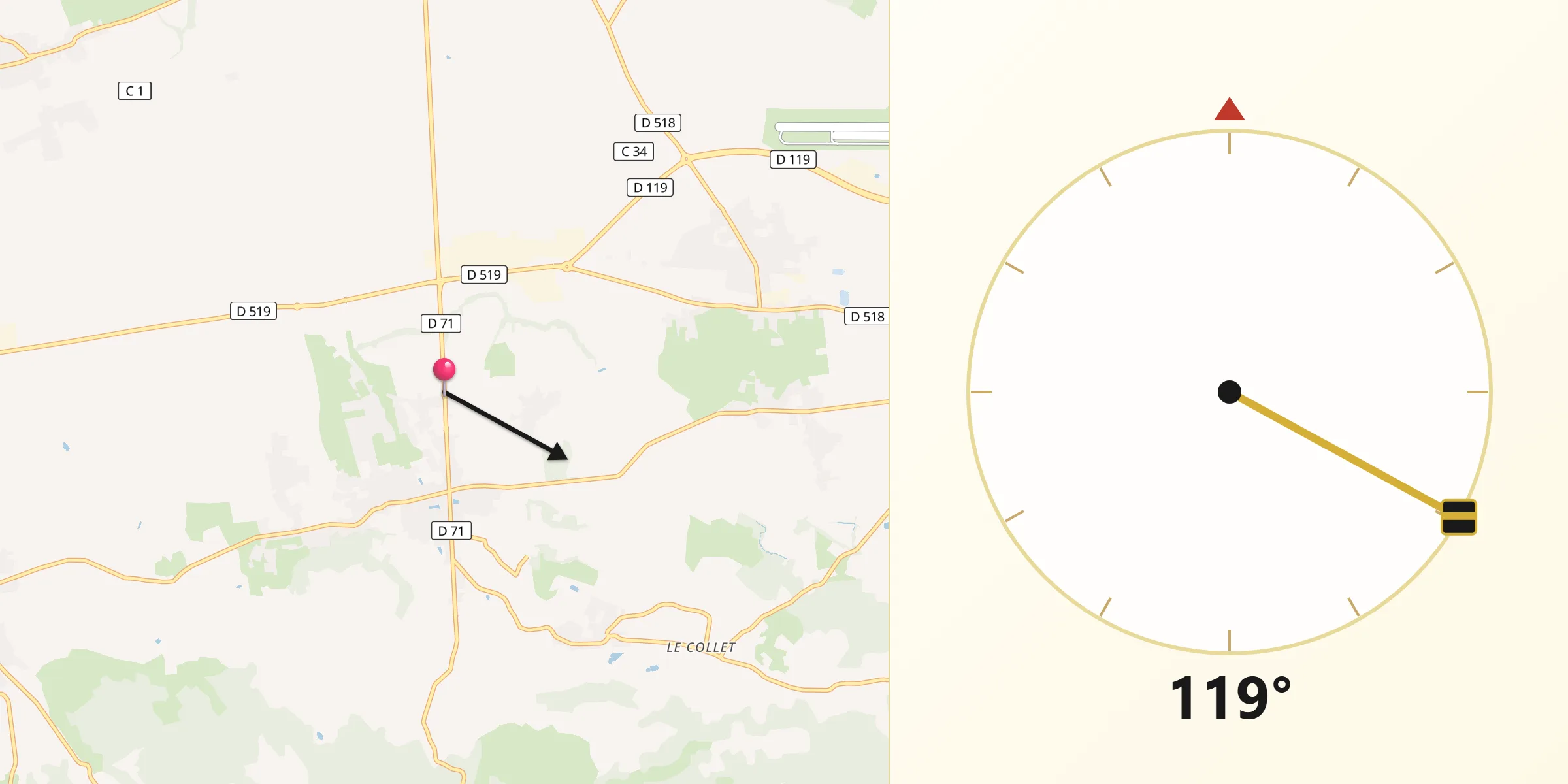 Direction vers la Qibla depuis Saint-Siméon-de-Bressieux