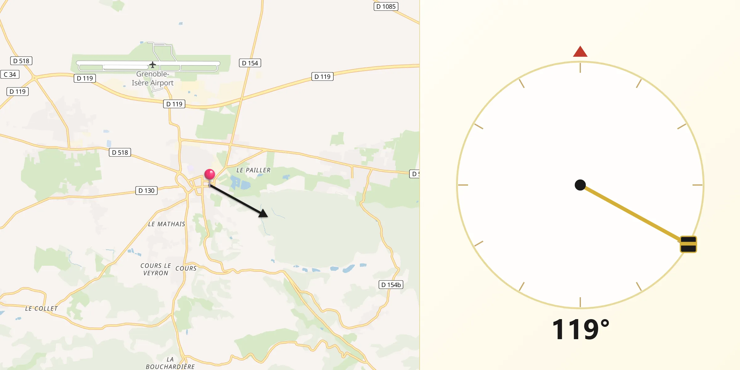 Direction vers la Qibla depuis Saint-Étienne-de-Saint-Geoirs