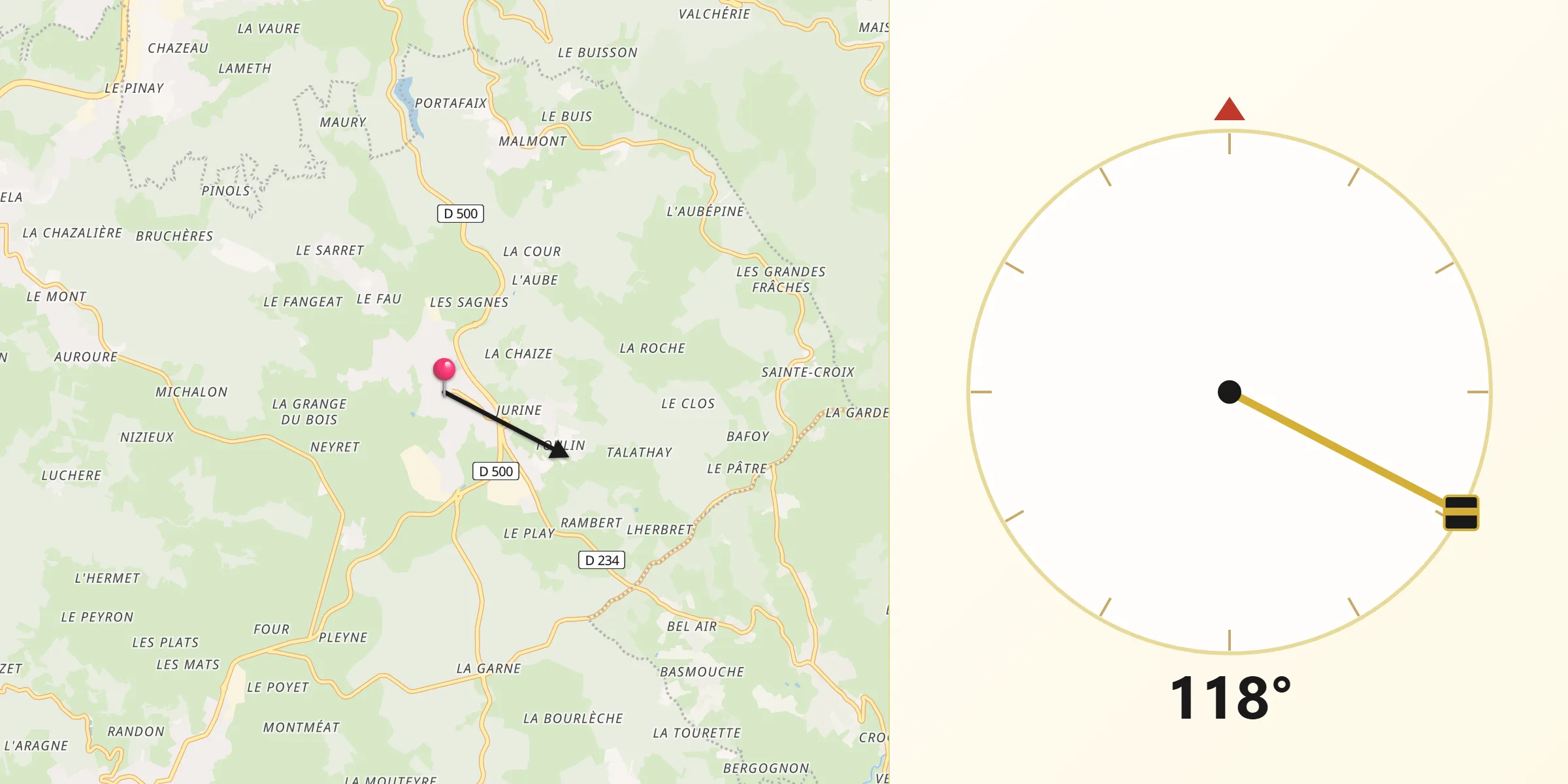 Direction vers la Qibla depuis Saint-Just-Malmont
