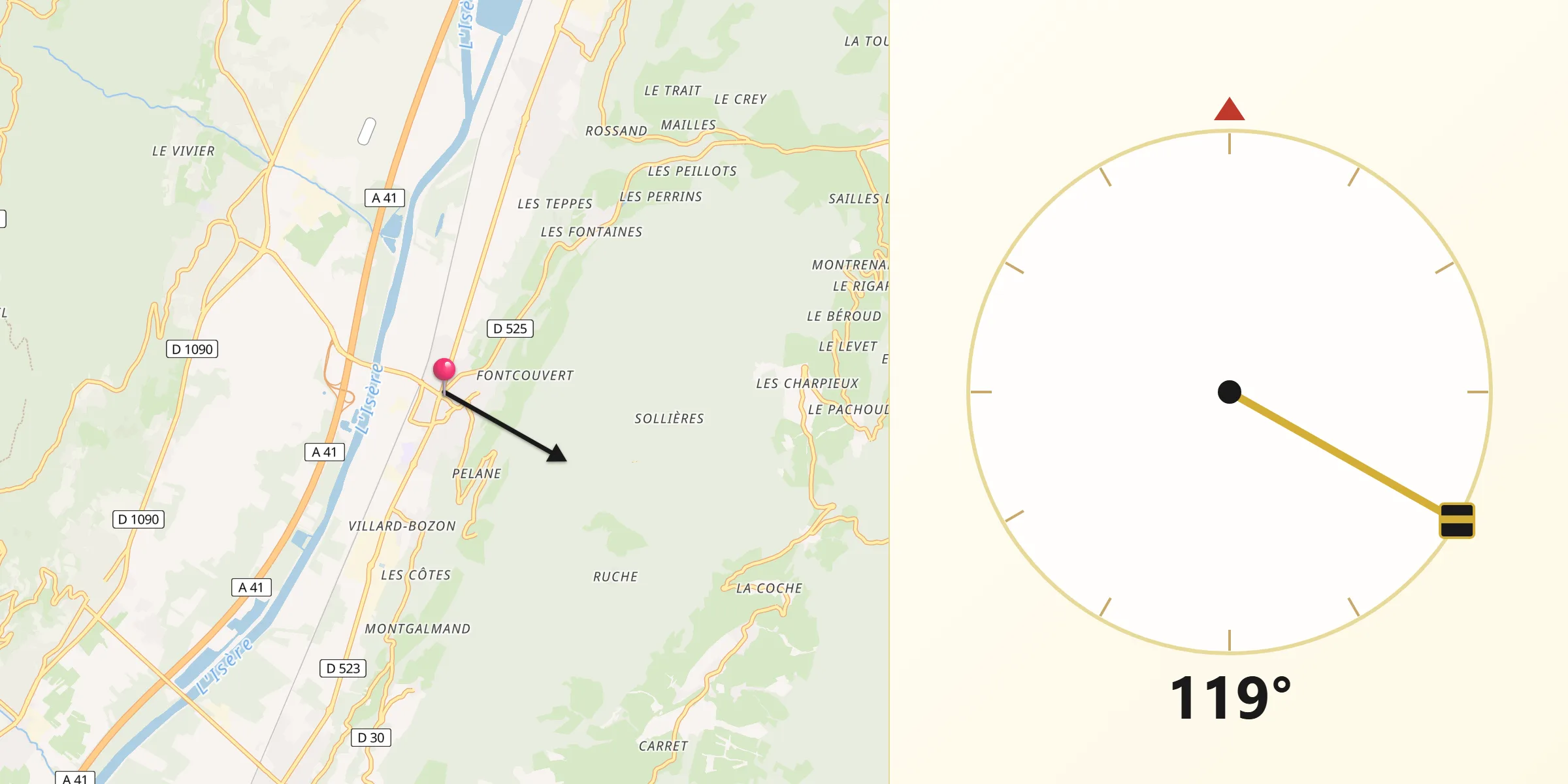 Direction vers la Qibla depuis Goncelin