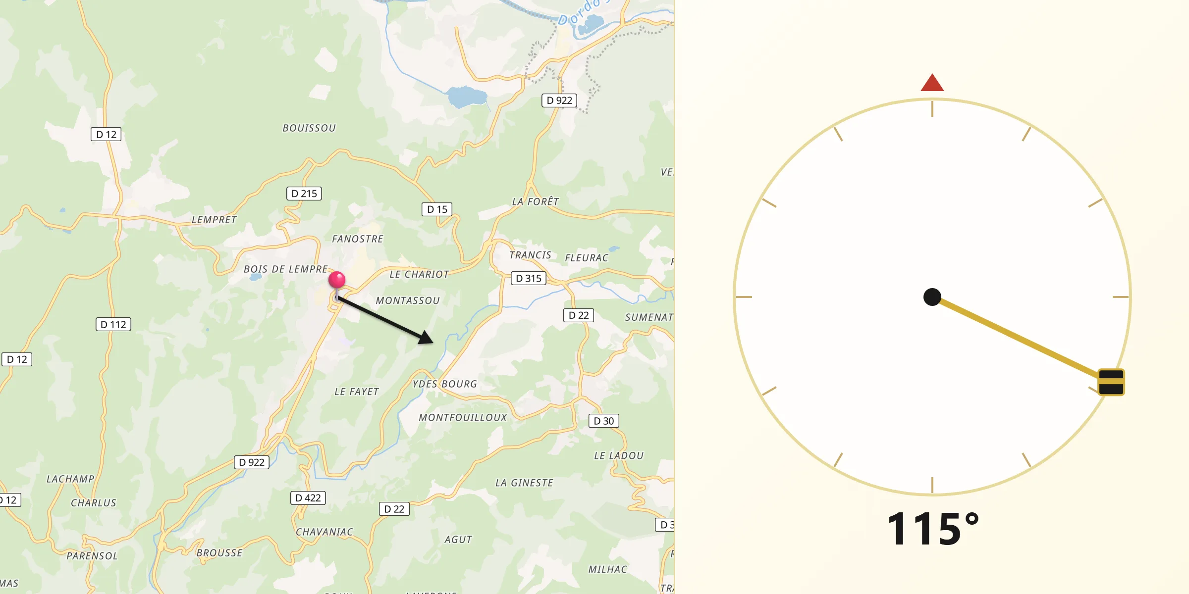 Direction vers la Qibla depuis Ydes
