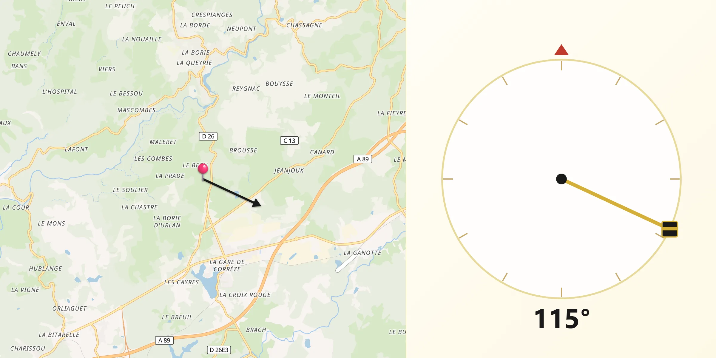 Direction vers la Qibla depuis Département de la Corrèze