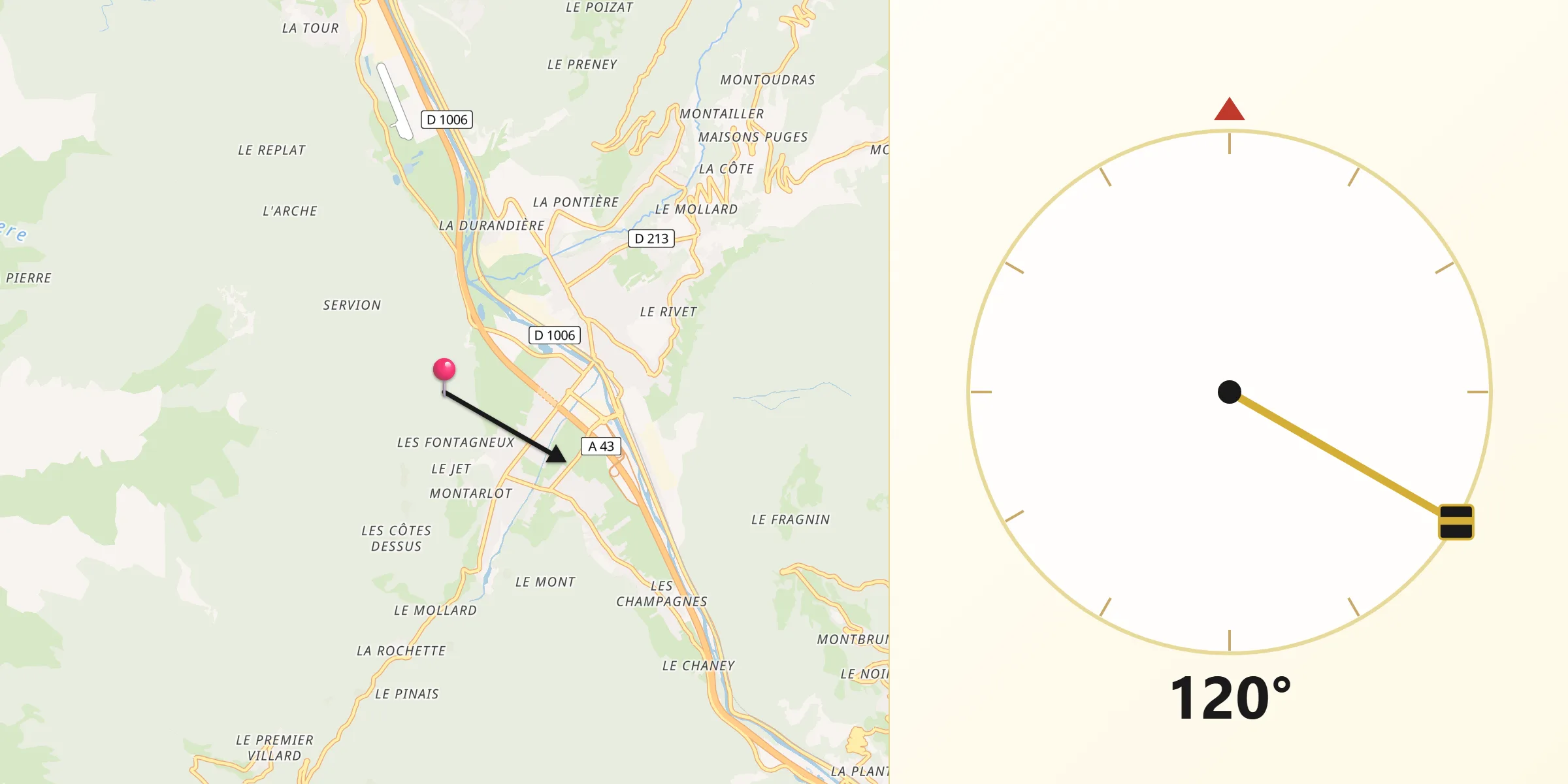 Direction vers la Qibla depuis Saint-Etienne-de-Cuines