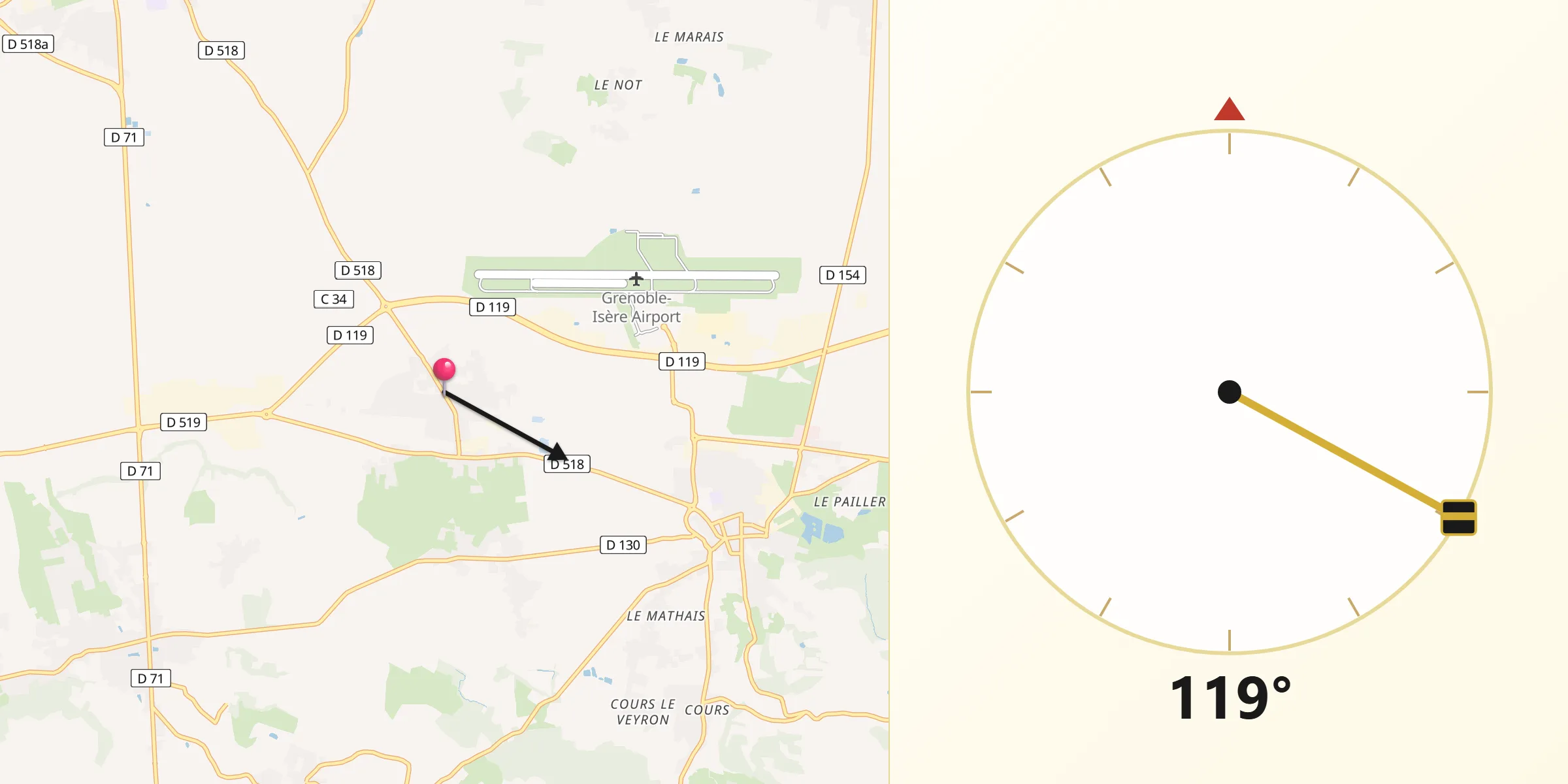 Direction vers la Qibla depuis Brézins