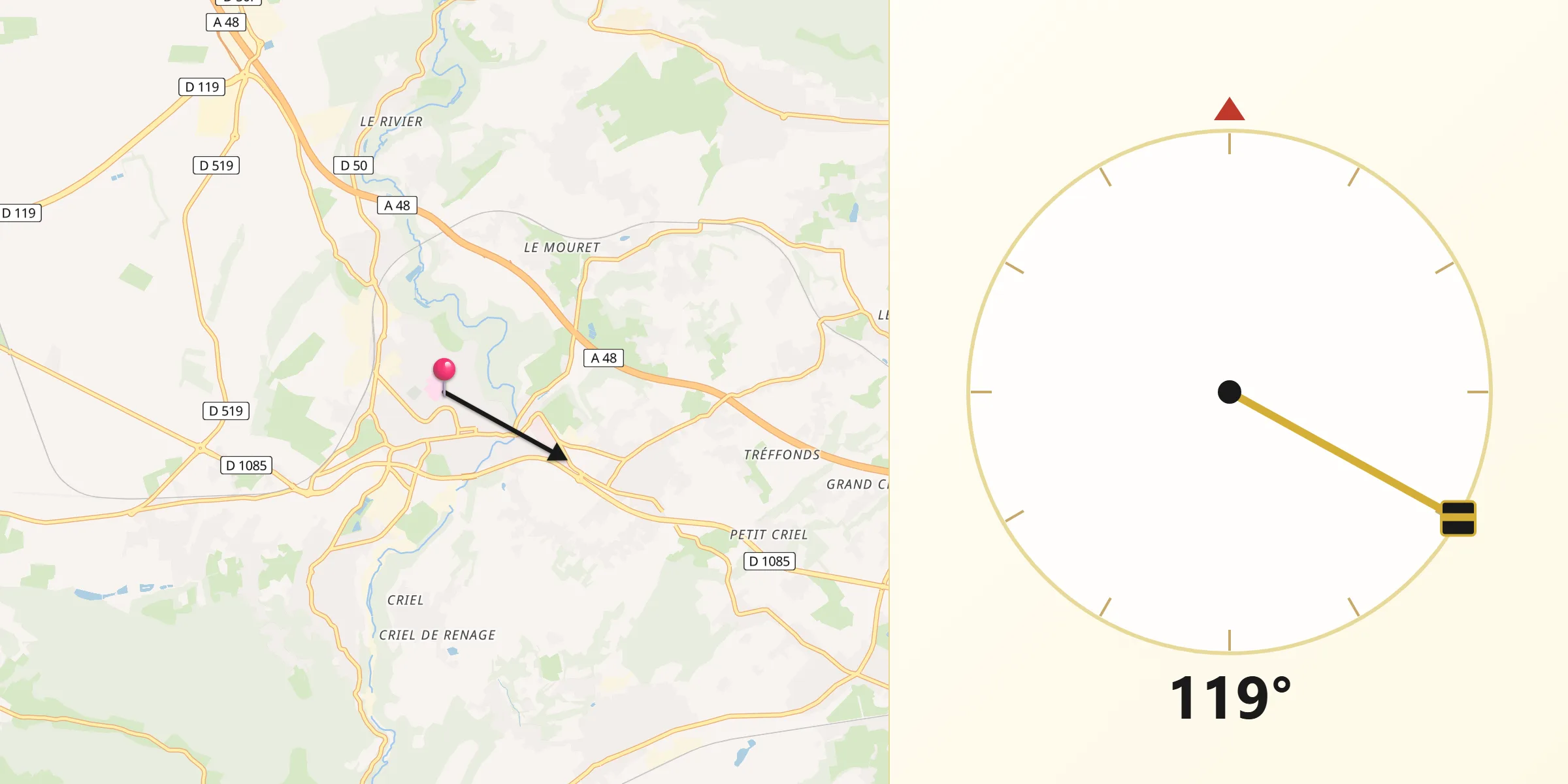 Direction vers la Qibla depuis Rives