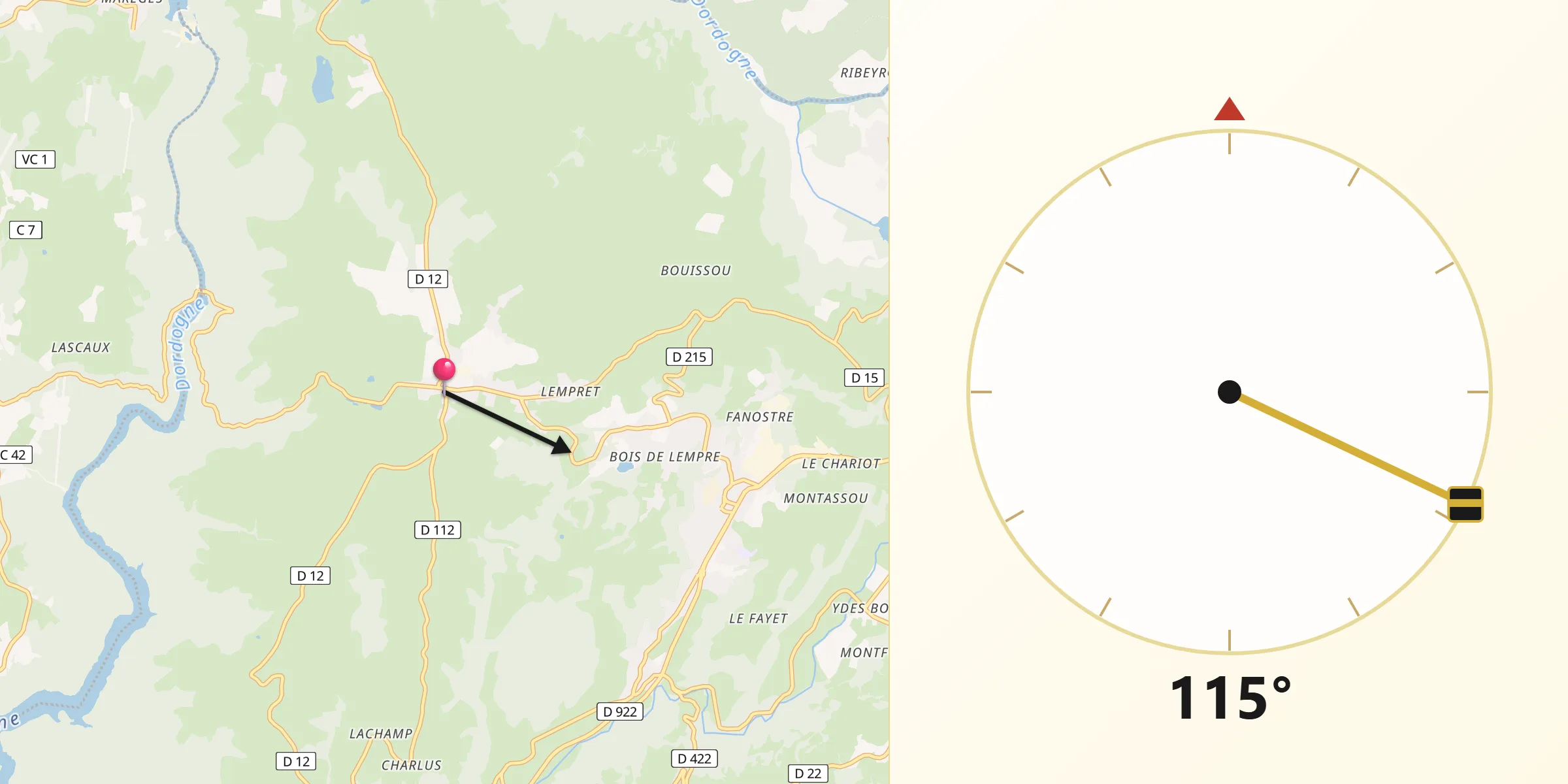 Direction vers la Qibla depuis Champagnac