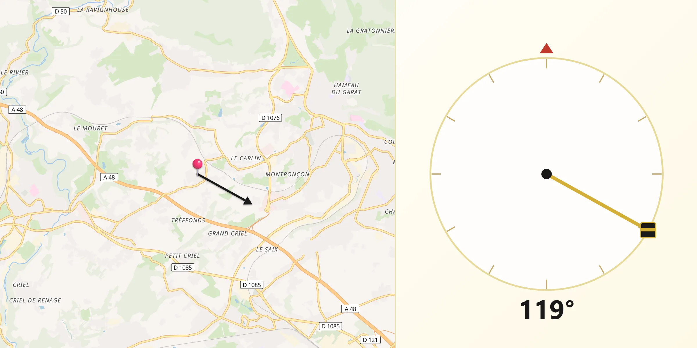 Direction vers la Qibla depuis Saint-Cassien