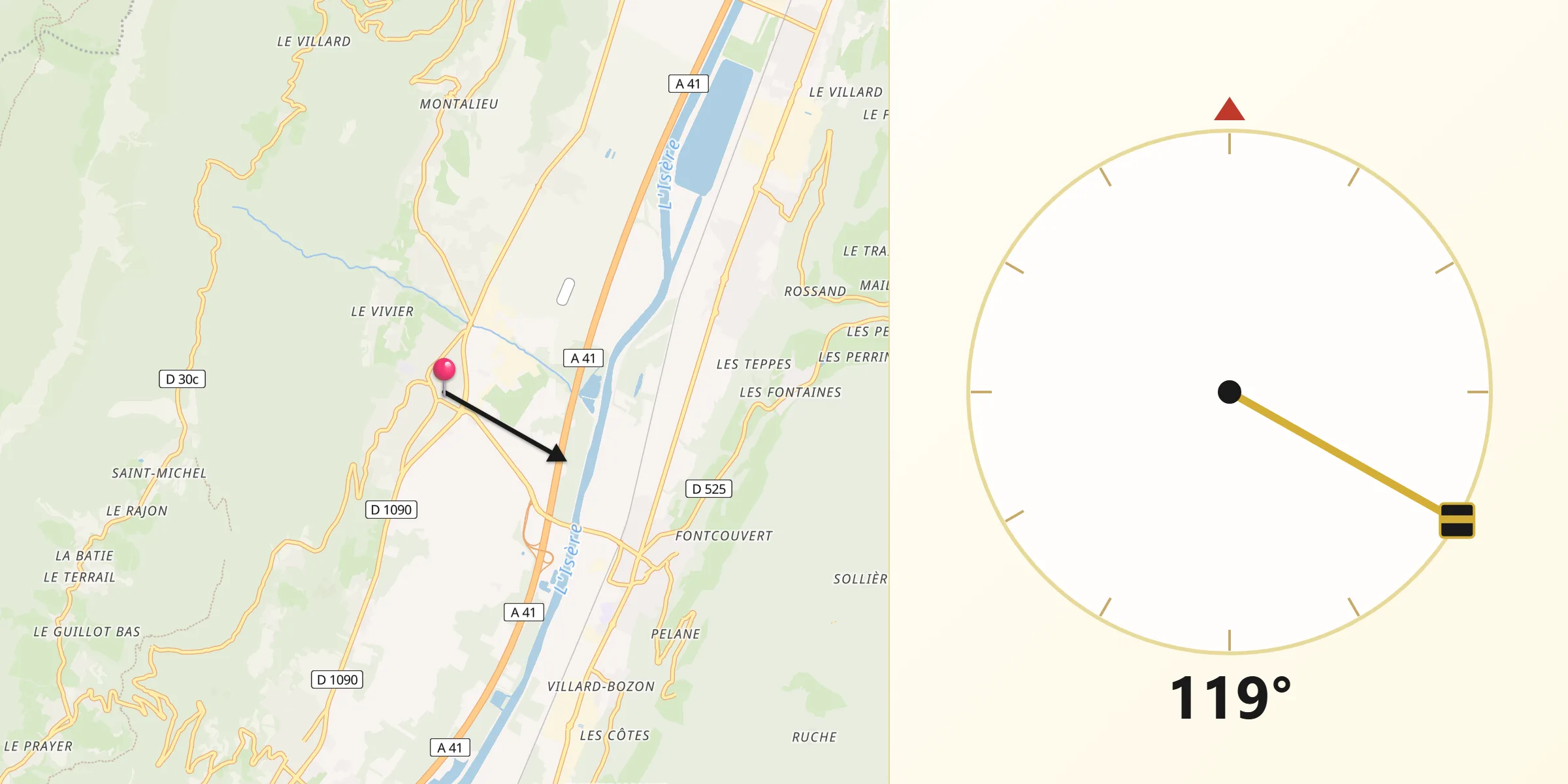 Direction vers la Qibla depuis Le Touvet