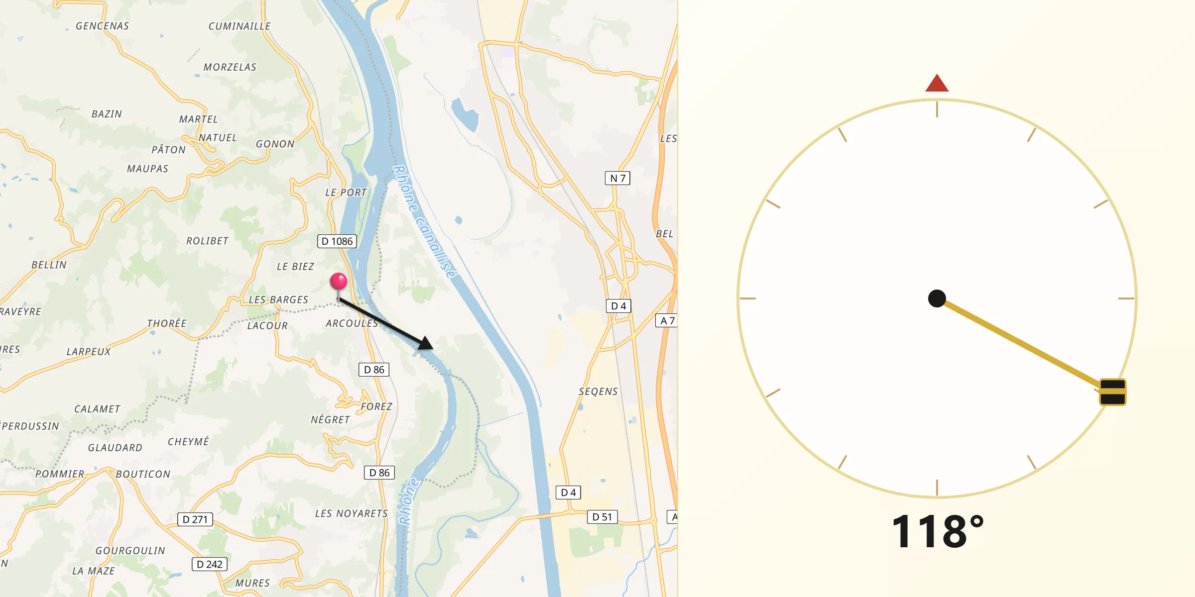 Direction vers la Qibla depuis Saint-Pierre-de-Bœuf