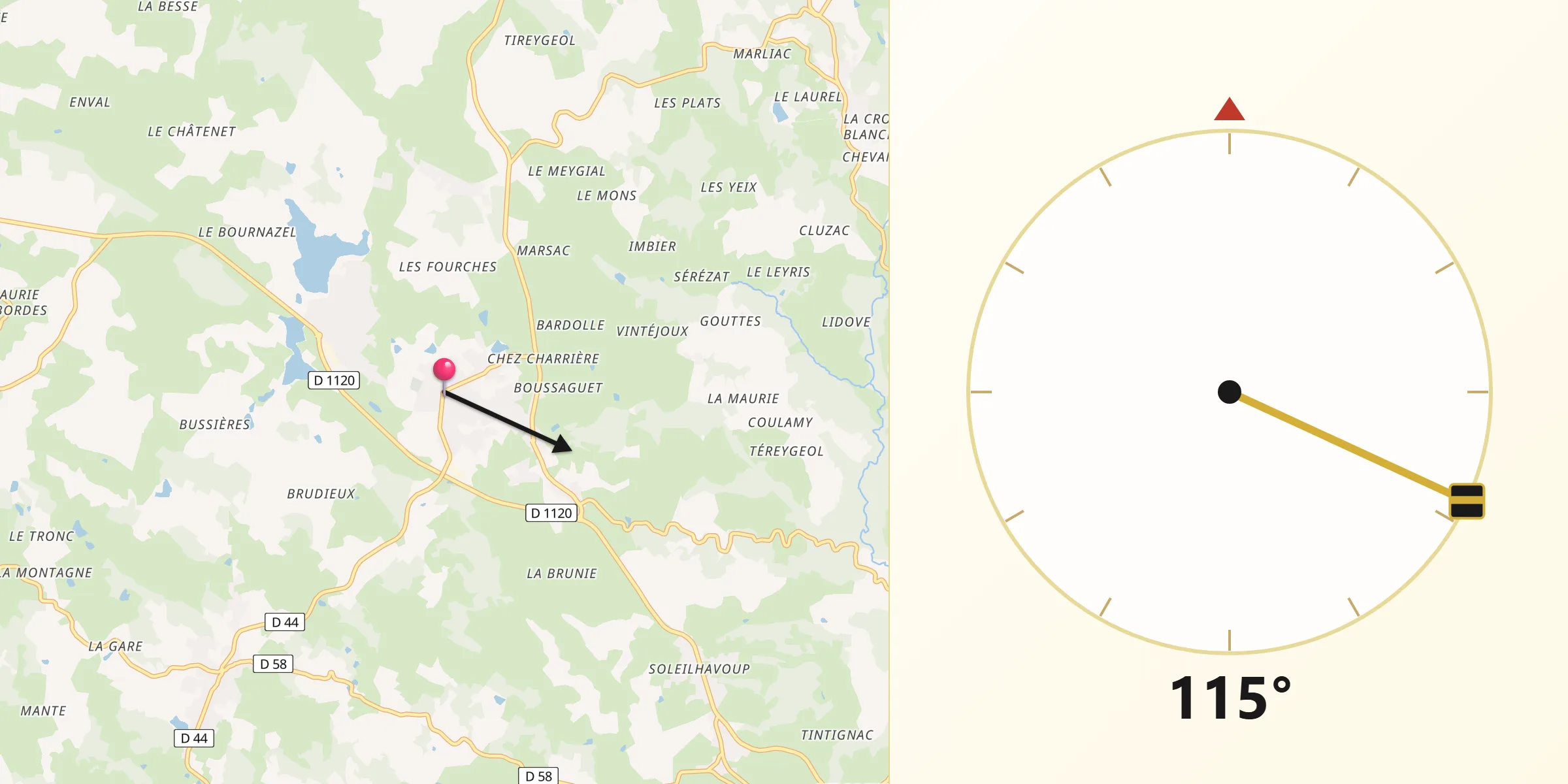 Direction vers la Qibla depuis Seilhac