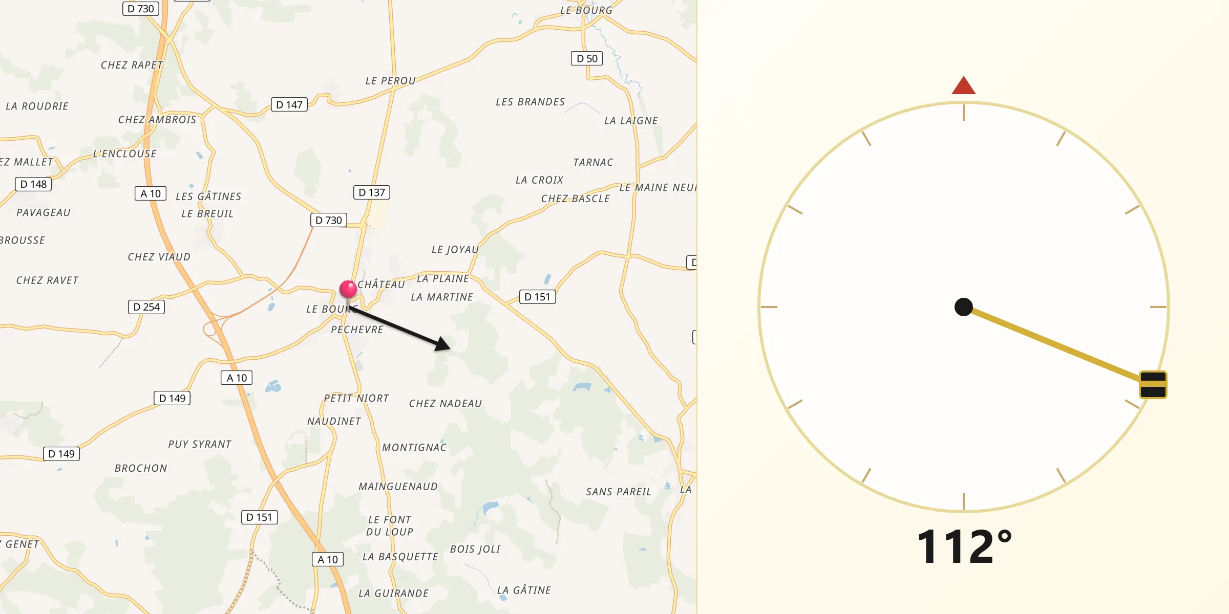Direction vers la Qibla depuis Mirambeau