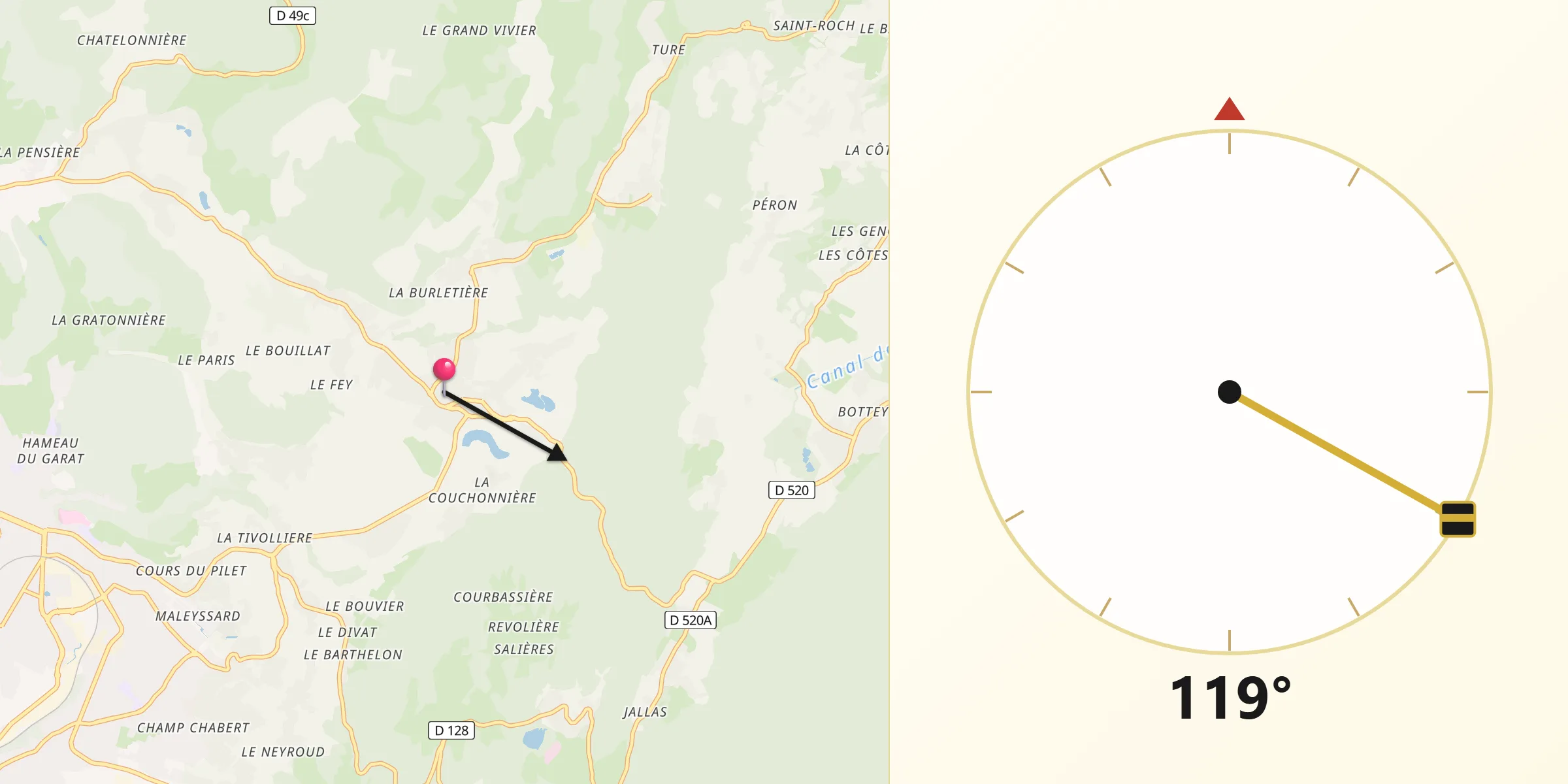 Direction vers la Qibla depuis Saint-Étienne-de-Crossey