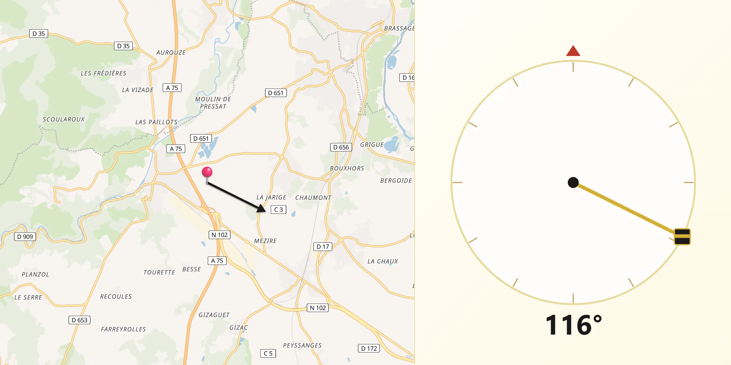 Direction vers la Qibla depuis Lempdes-sur-Allagnon