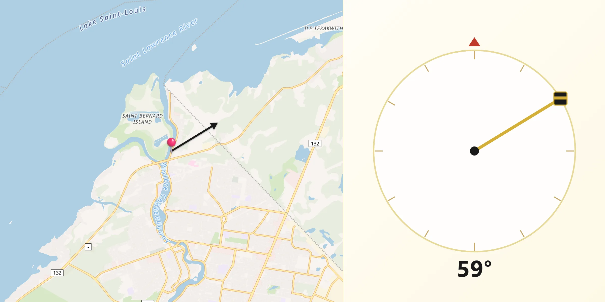 Qibla Direction from Châteauguay