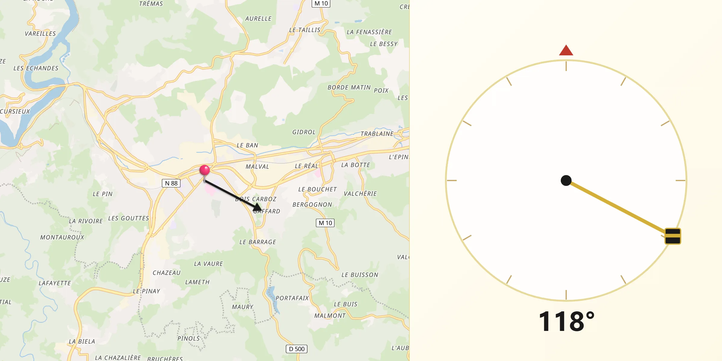 Direction vers la Qibla depuis Firminy