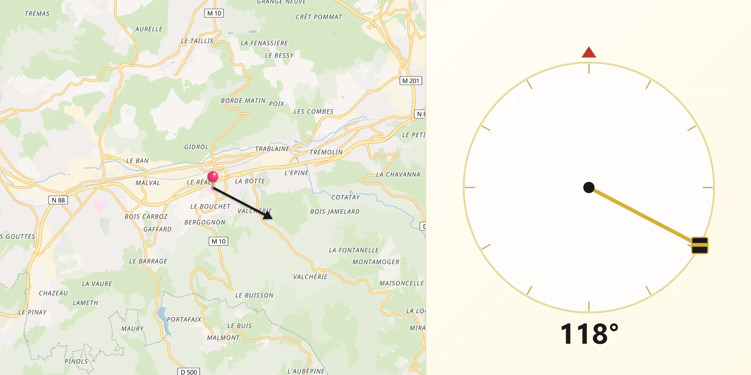 Direction vers la Qibla depuis Le Chambon-Feugerolles