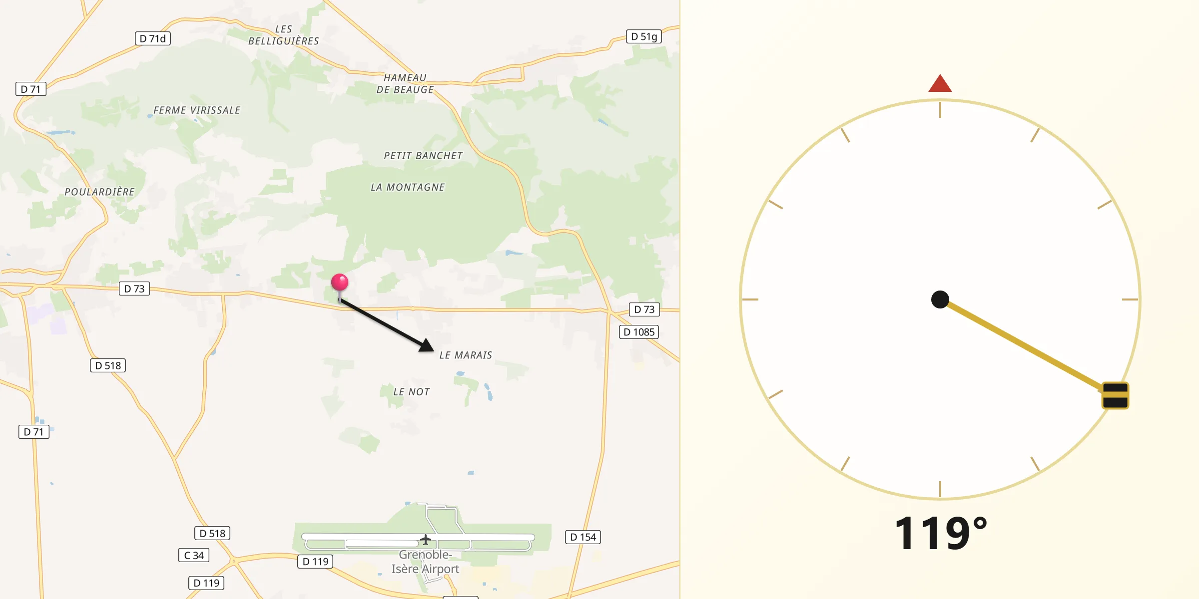 Direction vers la Qibla depuis Saint-Hilaire-de-la-Côte