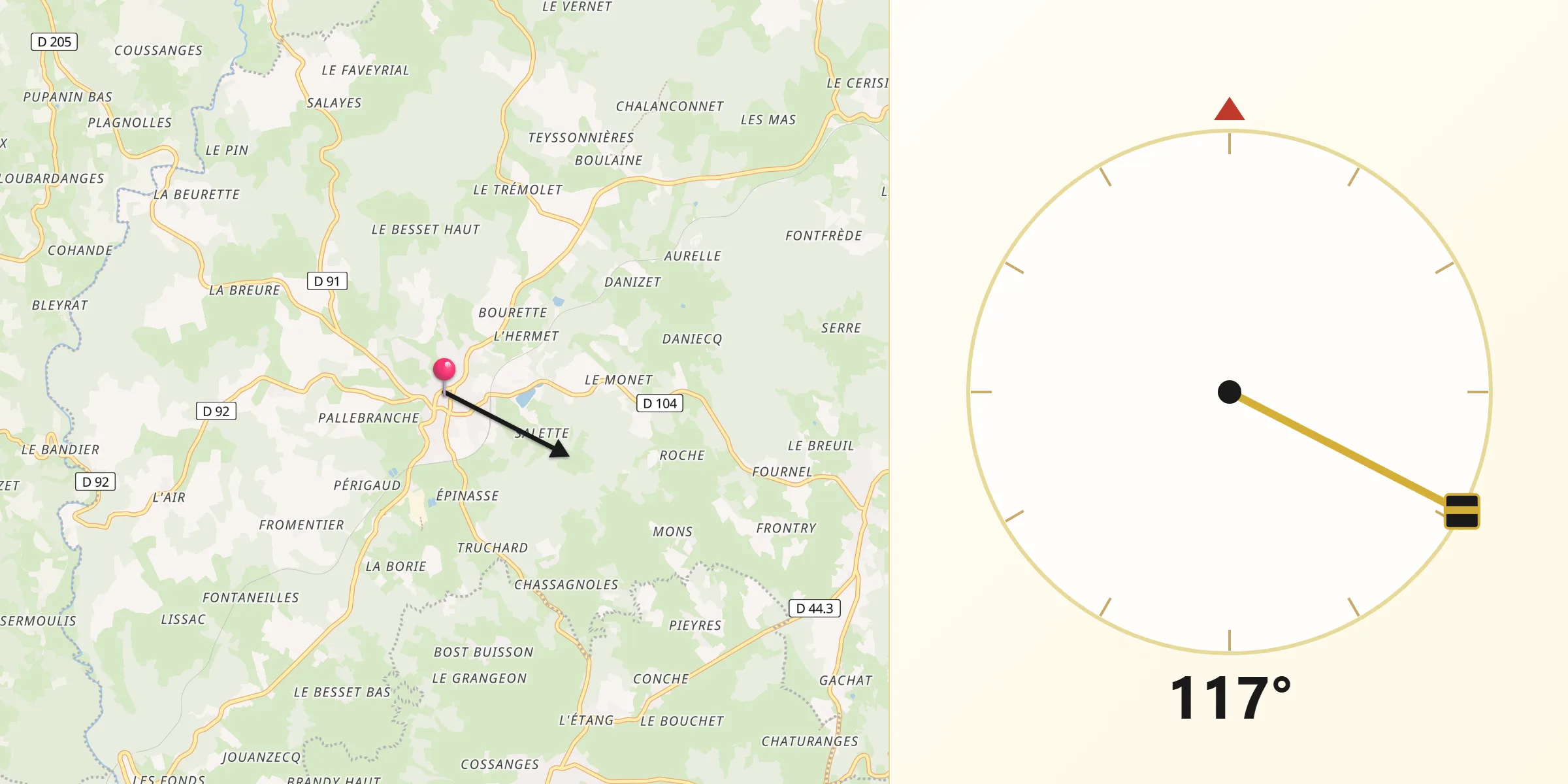 Direction vers la Qibla depuis Usson-en-Forez