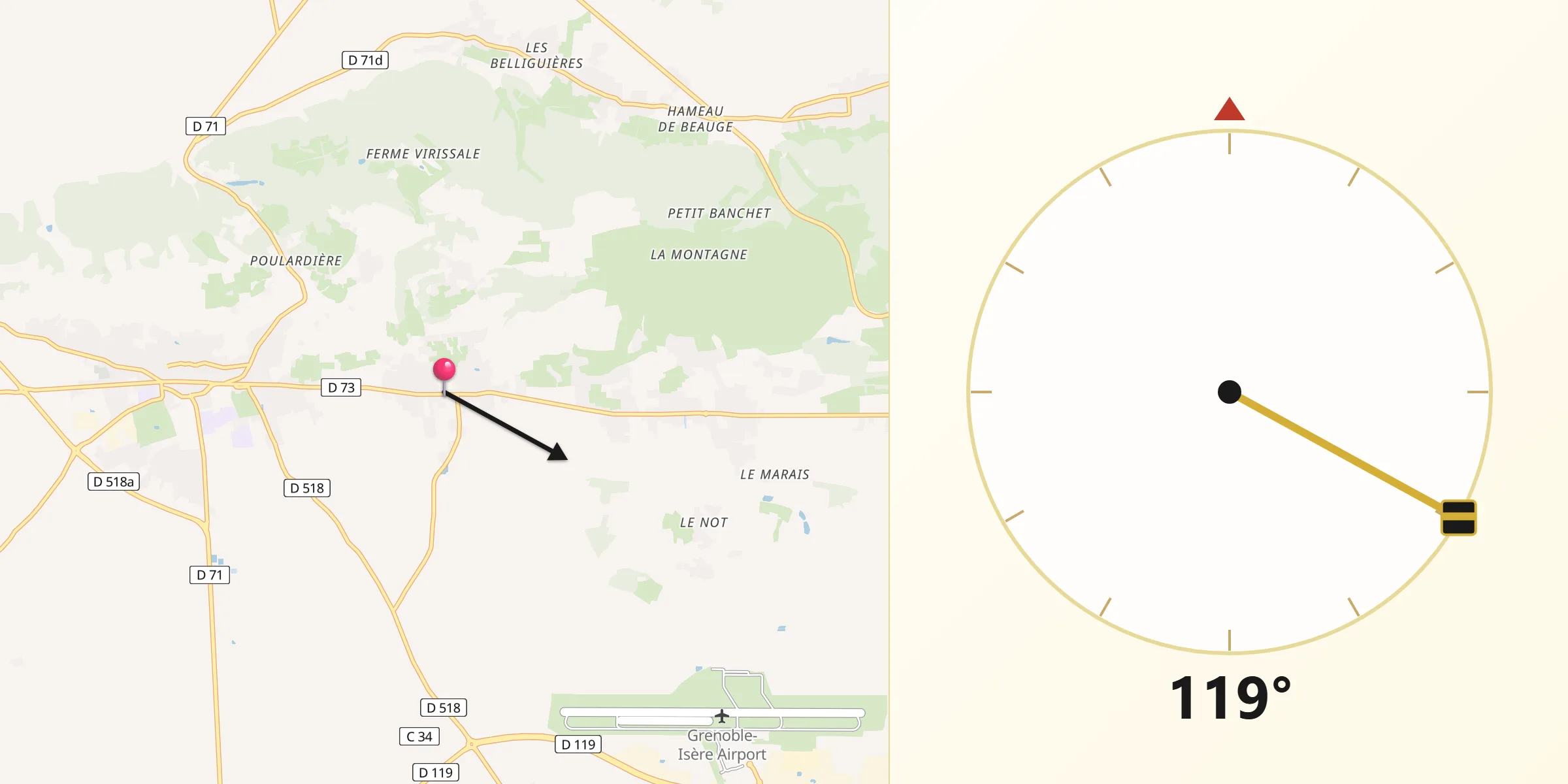 Direction vers la Qibla depuis Gillonnay