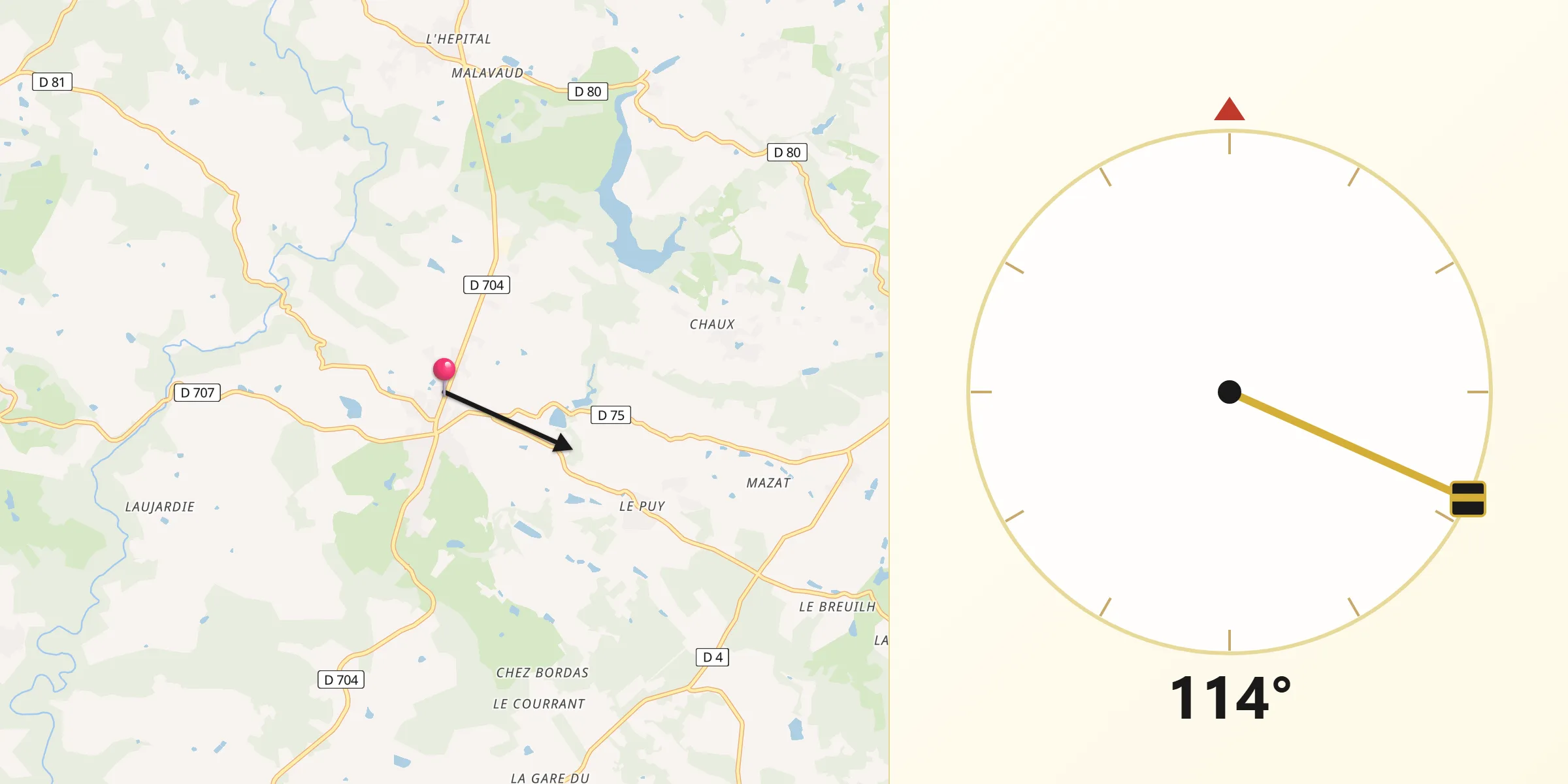 Direction vers la Qibla depuis Lanouaille